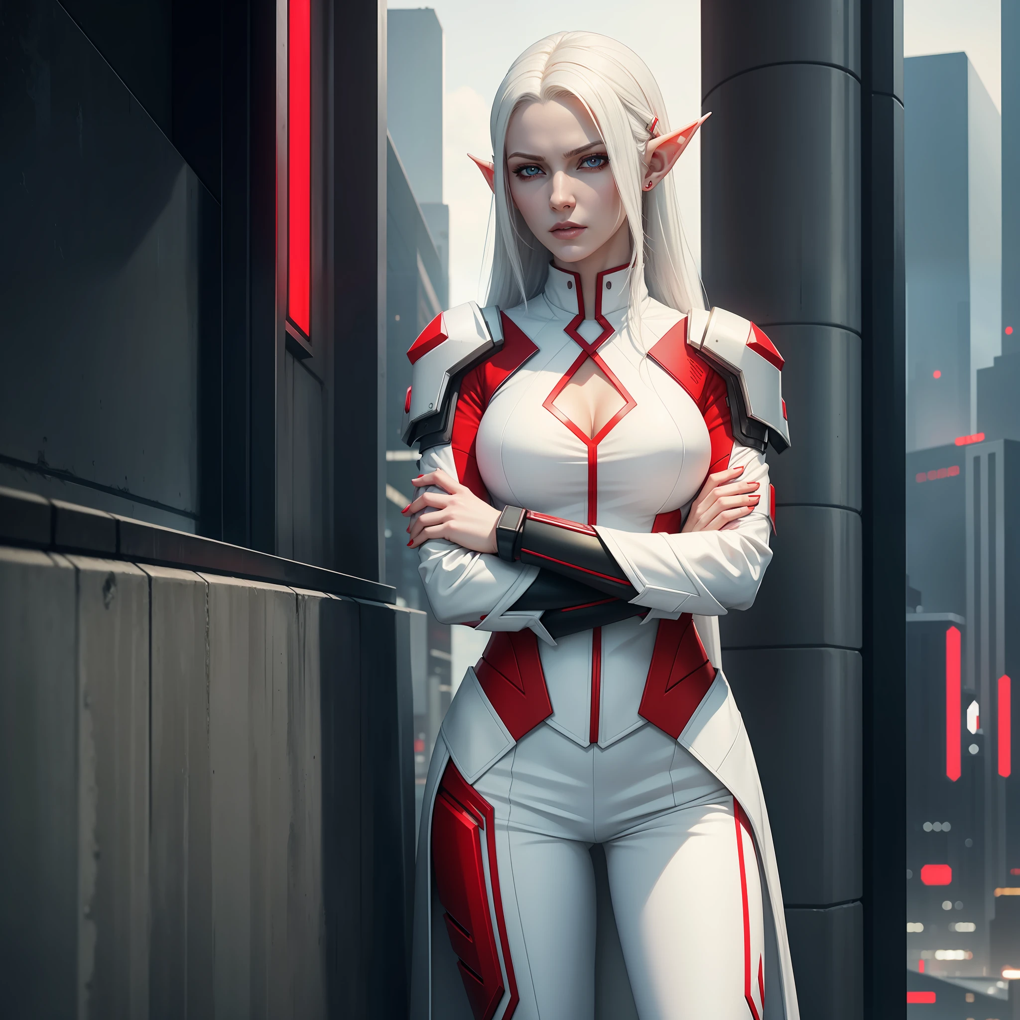a pale elf woman wearing white business suit, red trimming on outfit, cyberpunk, detailed face, detailed hair, leaning on a wall, crossed arms, hyperrealism