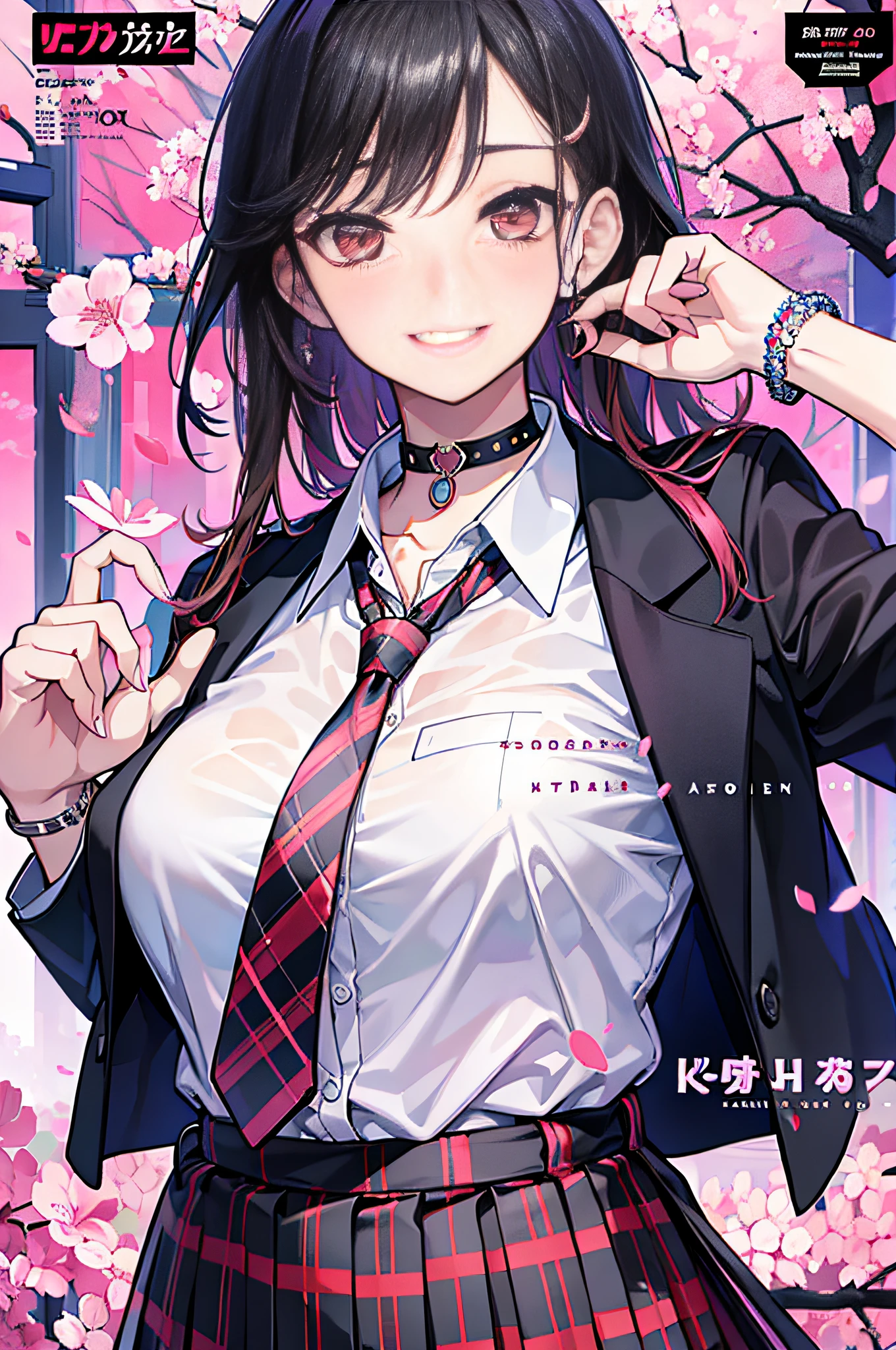 masterpiece, best quality, full body, 1girl, bangs, black choker, black necktie, blonde hair, blue skirt, blush, bracelet, breasts, choker, clothes around waist, collarbone, collared shirt, cowboy shot, dress shirt, ear piercing, eyebrows visible through hair, gradient hair, grin, gyaru, jewelry, kogal, long hair, looking at viewer, loose necktie, necktie, piercing, plaid, plaid skirt, pleated skirt, red eyes, ring, school uniform, shirt, skirt, smile, solo, white shirt, street, sky, cherry blossoms, petals,illustration, (magazine:1.3), (cover-style:1.3), fashionable, woman, vibrant, outfit, posing, front, colorful, dynamic, background, elements, confident, expression, holding, statement, accessory, majestic, coiled, around, touch, scene, text, cover, bold, attention-grabbing, title, stylish, font, catchy, headline, larger, striking, modern, trendy, focus, fashion,