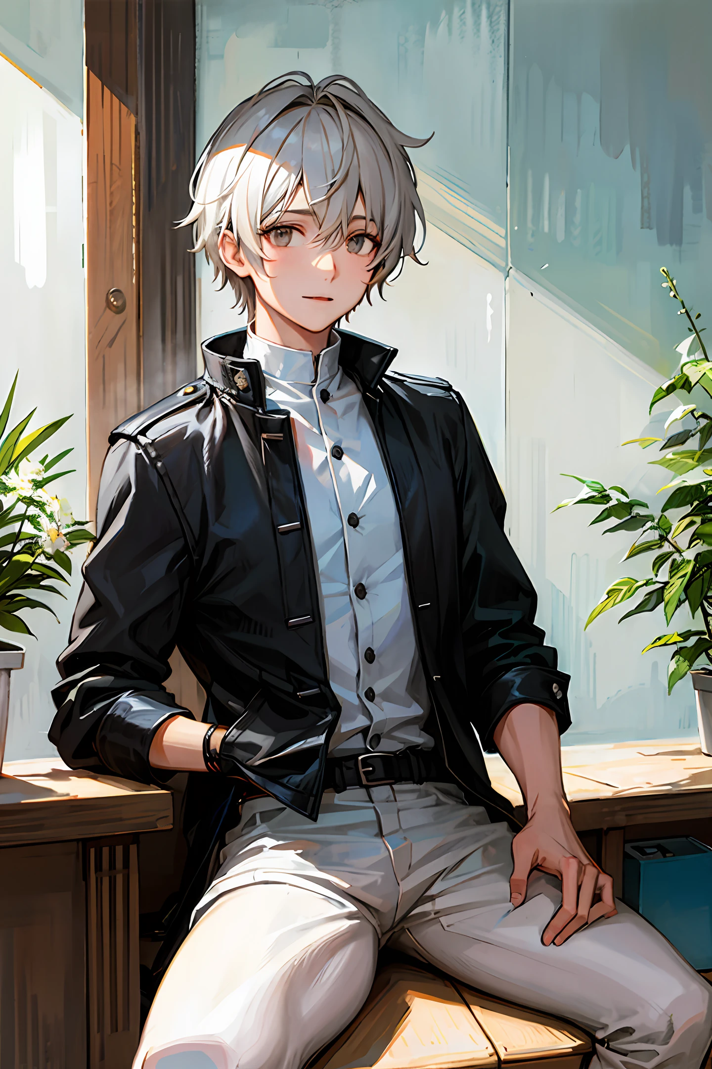 High quality, cool young man 1, jacket, gray eye, middle hair style, slim, brown hair, tall, full body, illustration