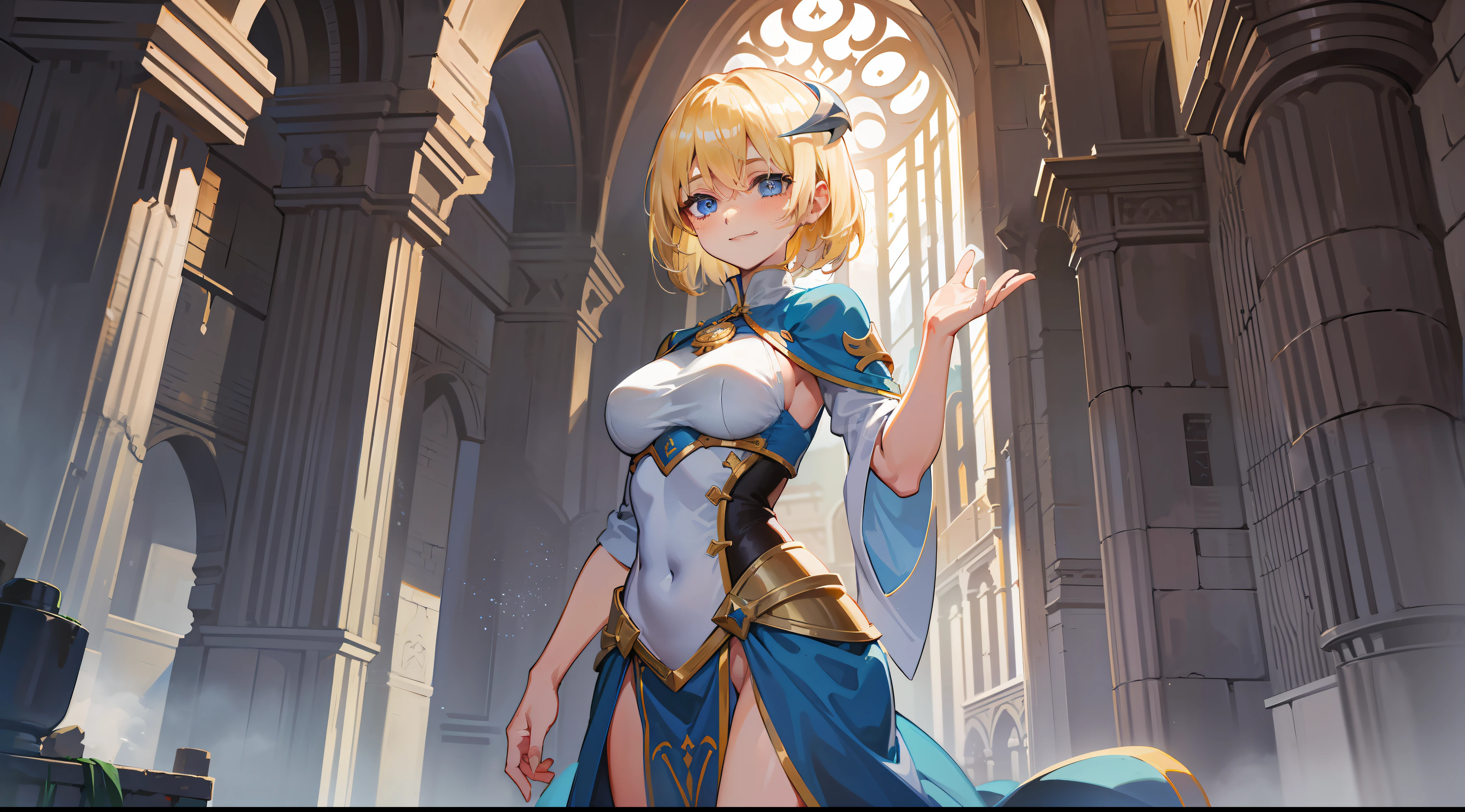 a girl, cleric, blonde, short hair, bright blue eyes, beautiful breasts, hair between eyes, bangs, full body, confident, heroic posture, smiling, fantasy, medieval, rays of sun