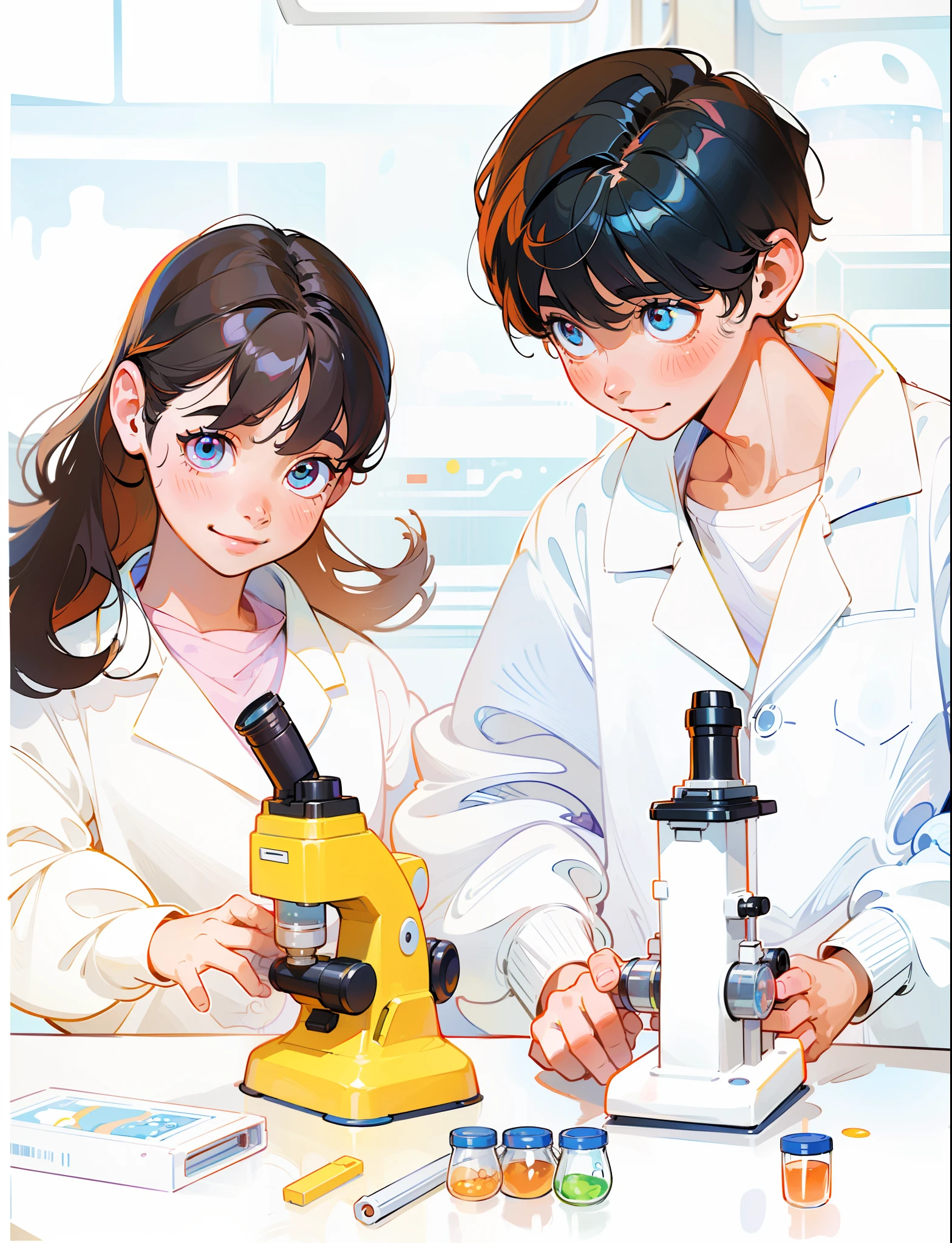 (two) cartoon image of child in lab coat happily looking at microscope, (looking at the audience), (eyes open), smiling, scientist, lab experiment, science lab, in laboratory, color children's book illustration, magic lab background, children's book illustration, working in her science lab, in lab, children's cartoon, in lab, secret lab, scientific research, happy, happy, perfect quality, clear focus (clutter-home: 0.8), (masterpiece: 1.2) (Realistic: 1.2) (Bokeh) (Best Quality) (Detailed Skin: 1.3) (Complex Details) (8K) (Detail Eyes) (Sharp Focus), (Happy)