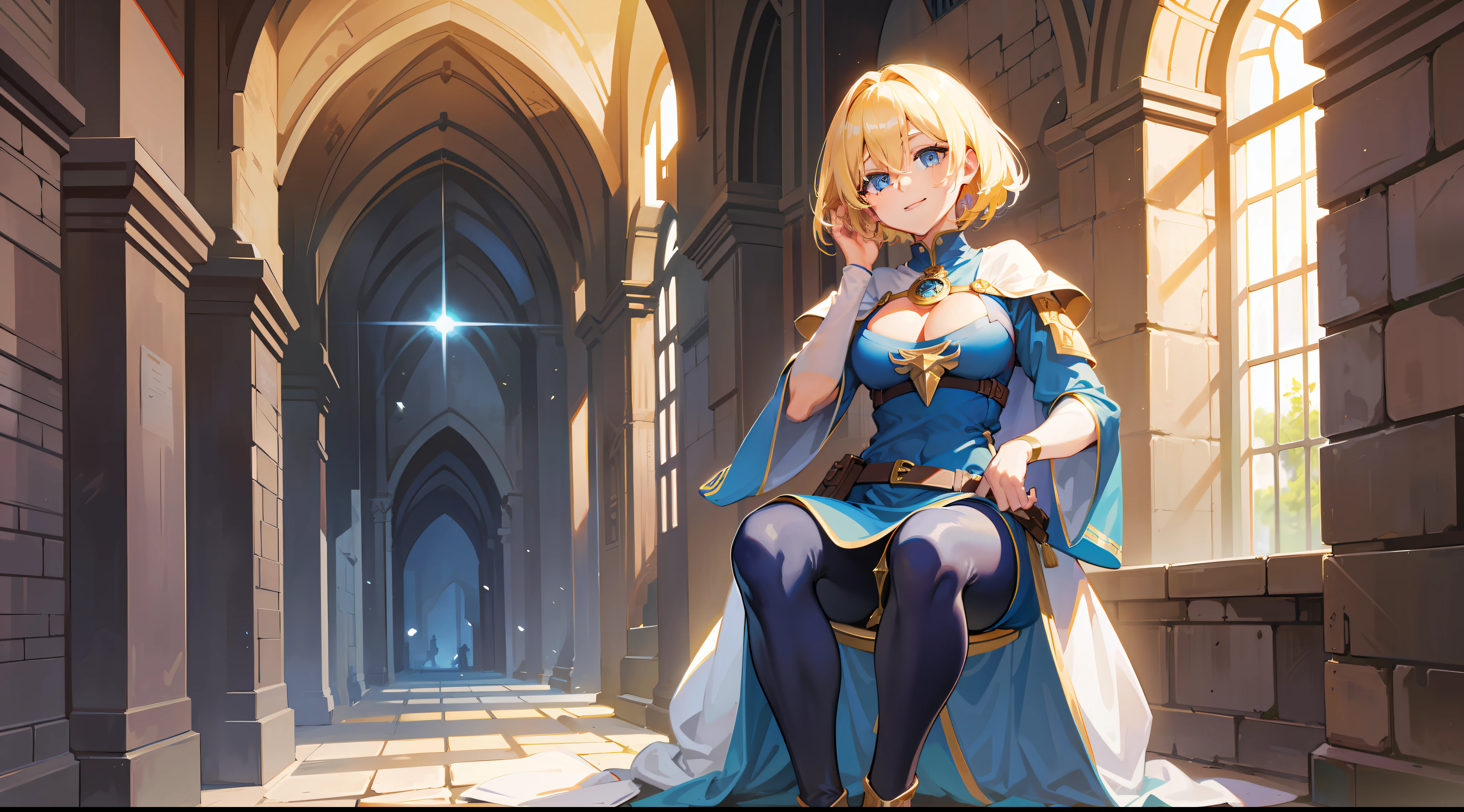 a girl, cleric, blonde, short hair, bright blue eyes, beautiful breasts, hair between eyes, bangs, full body, confident, heroic posture, smiling, fantasy, medieval, rays of sun