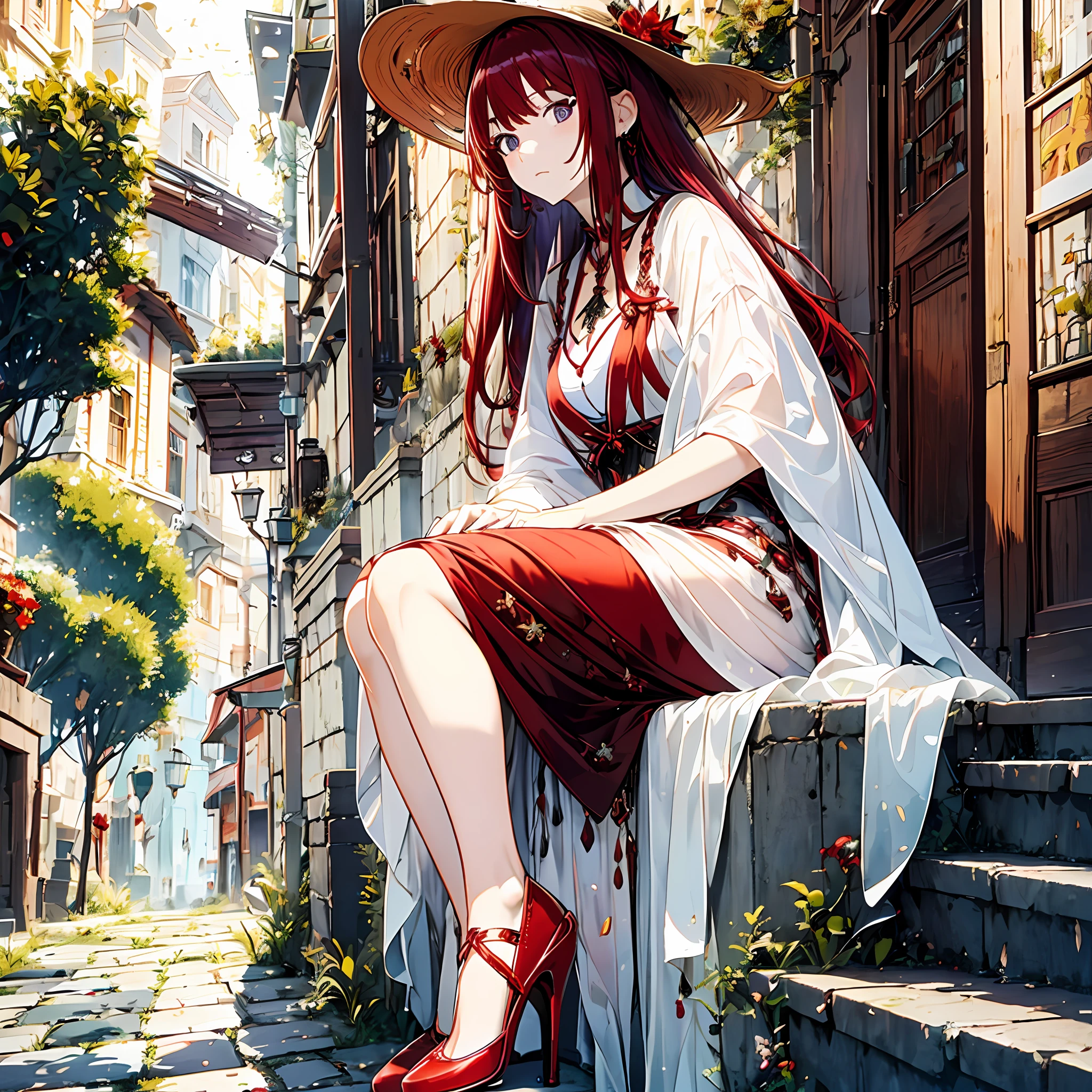 Red-haired girl with purple eyes, sun hat, white shawl, brown-red dress, black silk, red high heels, Western European rental house on background
