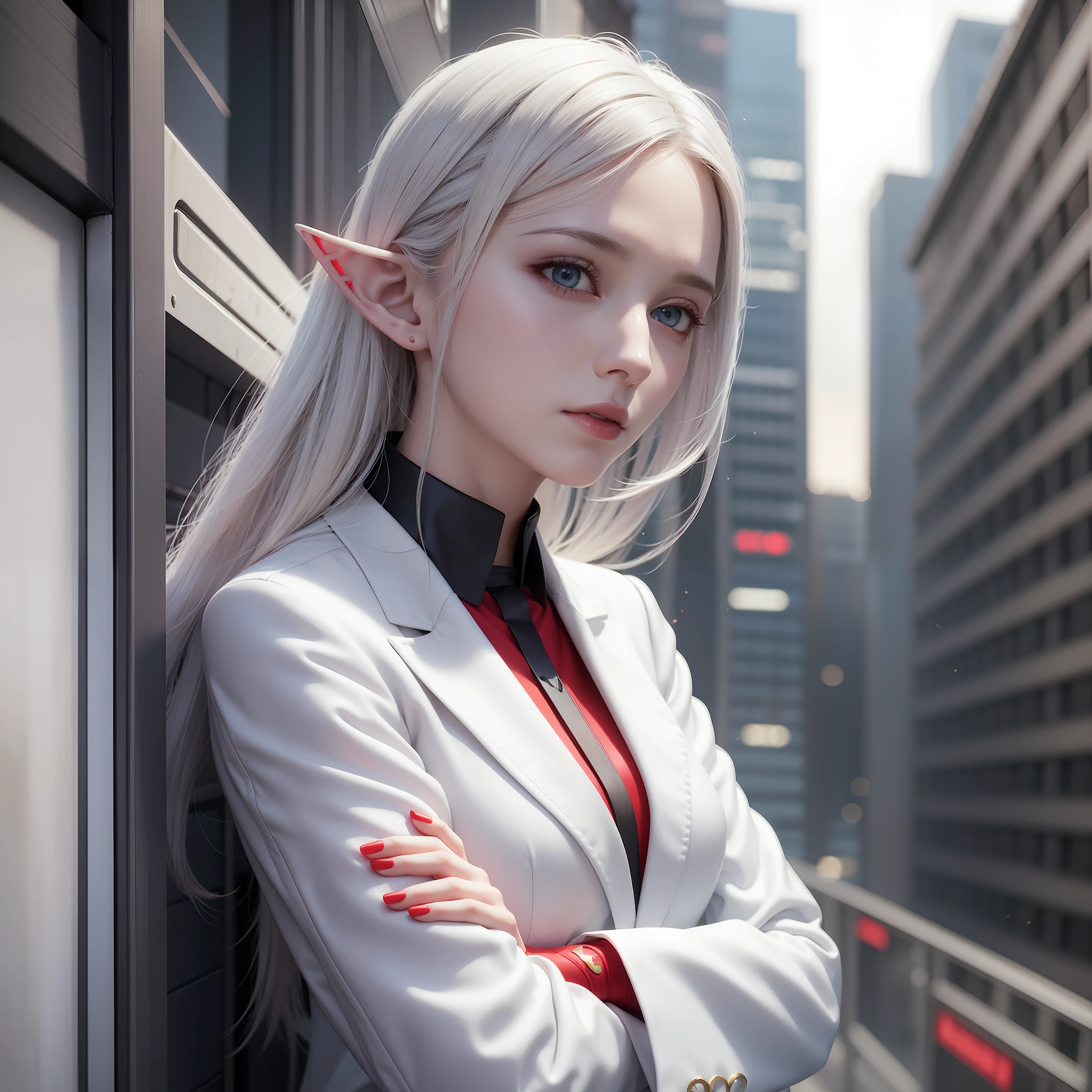 a pale elf woman wearing white business suit, red trimming on outfit, cyberpunk, detailed face, detailed hair, leaning on a wall, crossed arms, hyperrealism