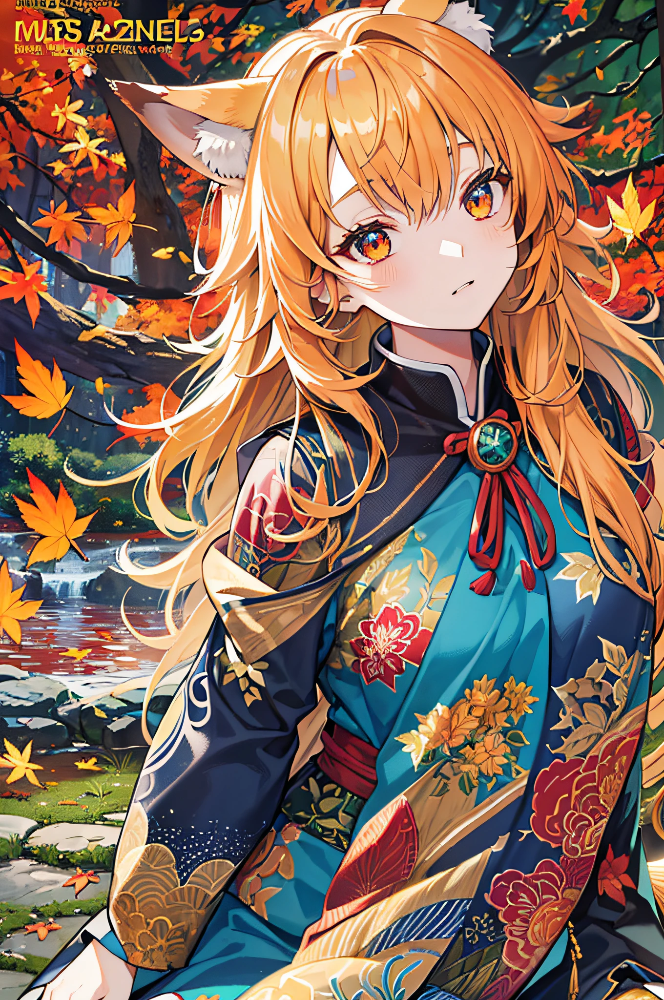 englai Fairyland,Chinese mythology,Colorful auspicious clouds,
autumn, autumn_leaves, falling_leaves, holding_leaf, leaf, leaf_background, leaf_hair_ornament, maple_leaf, aki_shizuha, leaf_print, starfish, anger_vein, ginkgo_leaf, leaf_on_head, spoken_anger_vein, tree, waterfall, sweet_potato, dragonfly, acorn, solo, braid, blurry_foreground, 1girl, day, painting, depth_of_field, blurry, long_hair, branch, hair_ornament, leaves_in_wind, forest, outdoors, nature, campfire, shirt, looking_at_viewer, onsen, koi, sitting, masterpiece, best quality, (best quality), ((masterpiece)), (highres), original, extremely detailed 8K wallpaper, (an extremely delicate and beautiful),((detailed face)),beautiful detail eyes,hair fluttering in the wind,messy hair,lens flare,
1girl,full body,(golden eye),(red eye),(wolf ear),(yellow hair),(wolf tail),(wolf ears),(a cute young girl:1.1),(wolf ear),beautiful detailed eyes,orange hair, very long hair,small breasts,(looking at viewer),
(magazine:1.3), (cover-style:1.3), fashionable, woman, vibrant, outfit, posing, front, colorful, dynamic, background, elements, confident, expression, holding, statement, accessory, majestic, coiled, around, touch, scene, text, cover, bold, attention-grabbing, title, stylish, font, catchy, headline, larger, striking, modern, trendy, focus, fashion,