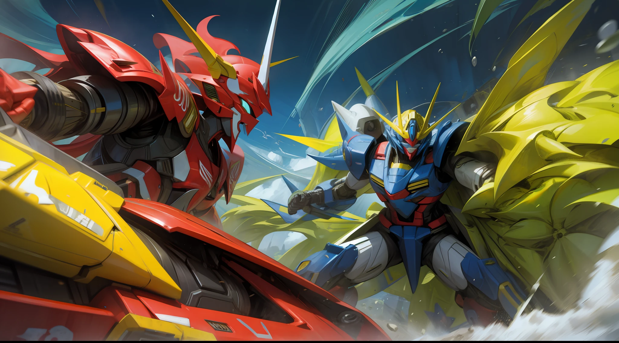 blue and yellow, a gurren laggan mecha war in the cosmo