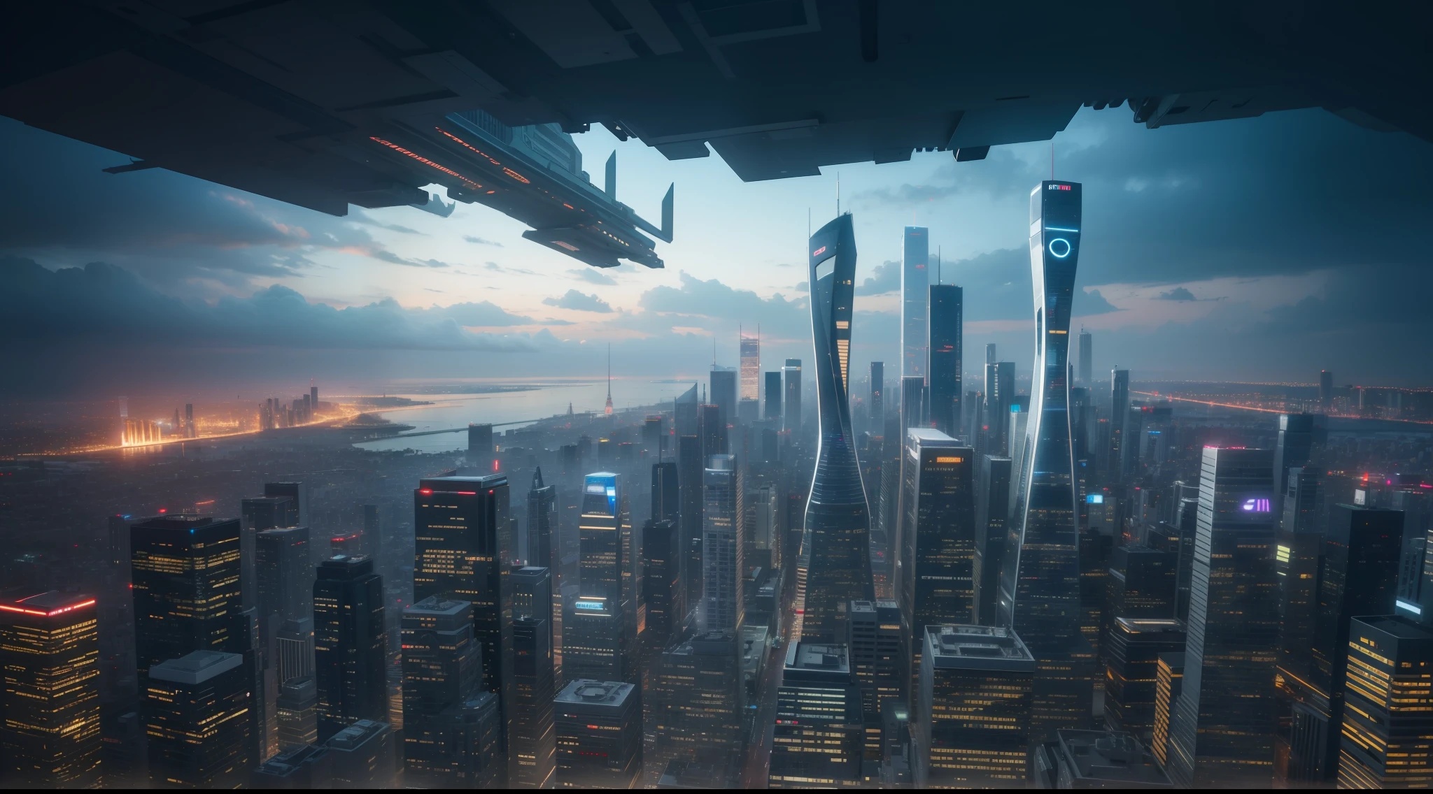 bustling cityscape with futuristic architecture and advanced technology, vibrant, photorealistic, realistic, dramatic, cinematic lighting, sharp focus, 8k