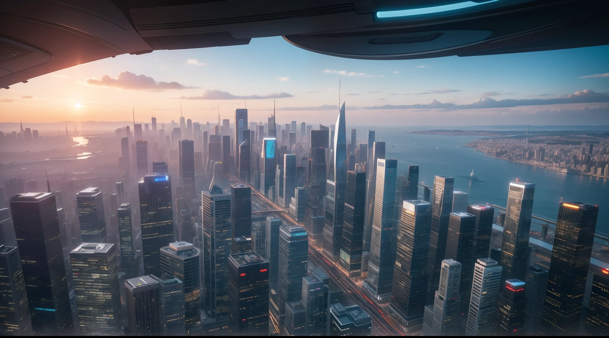 bustling cityscape with futuristic architecture and advanced technology, vibrant, photorealistic, realistic, dramatic, cinematic lighting, sharp focus, 8k