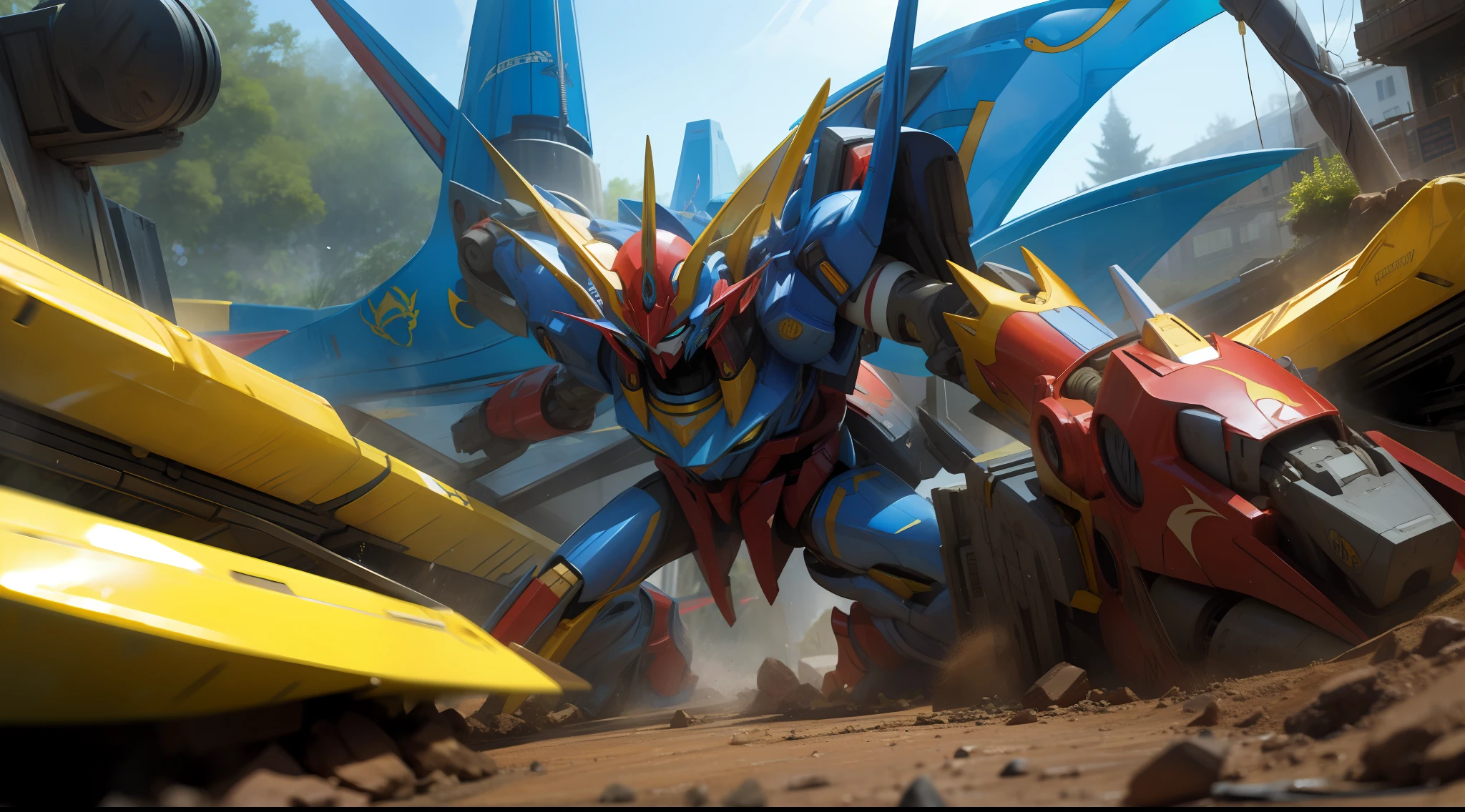 blue and yellow, a gurren laggan mecha war in the cosmo