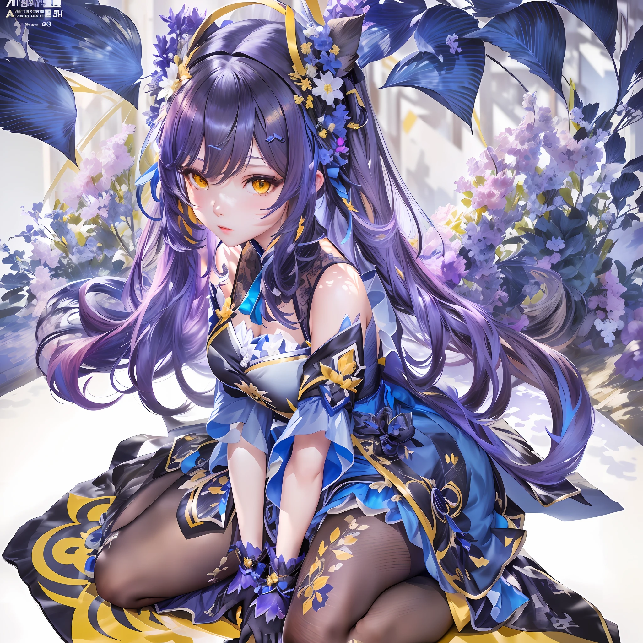 anime girl sitting on a yellow and black cushion with a blue dress, keqing from genshin impact, from arknights, ayaka genshin impact, genshin, beautiful fantasy anime, trending on artstation pixiv, beautiful anime girl squatting, anime goddess, guweiz on pixiv artstation, guweiz on artstation pixiv