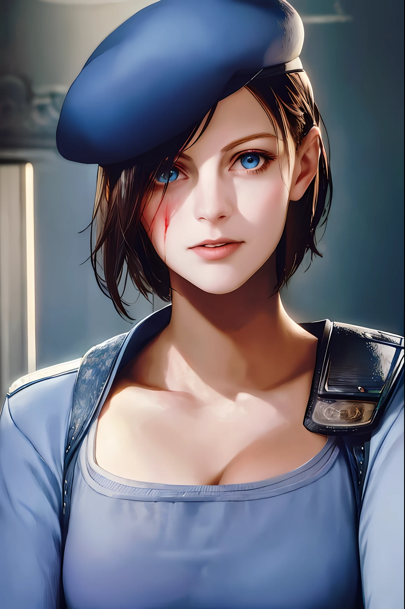 Jill valentine,1girl, portrait of jillvoth, beret, shoulder pads, blue military uniform, shirt, (blood on face), scared, afraid, parted lips, old mansion indoors, window, lightning, thunder, volumetric lighting, best quality, masterpiece, intricate details, tonemapping, sharp focus, hyper detailed, trending on Artstation, realistic,