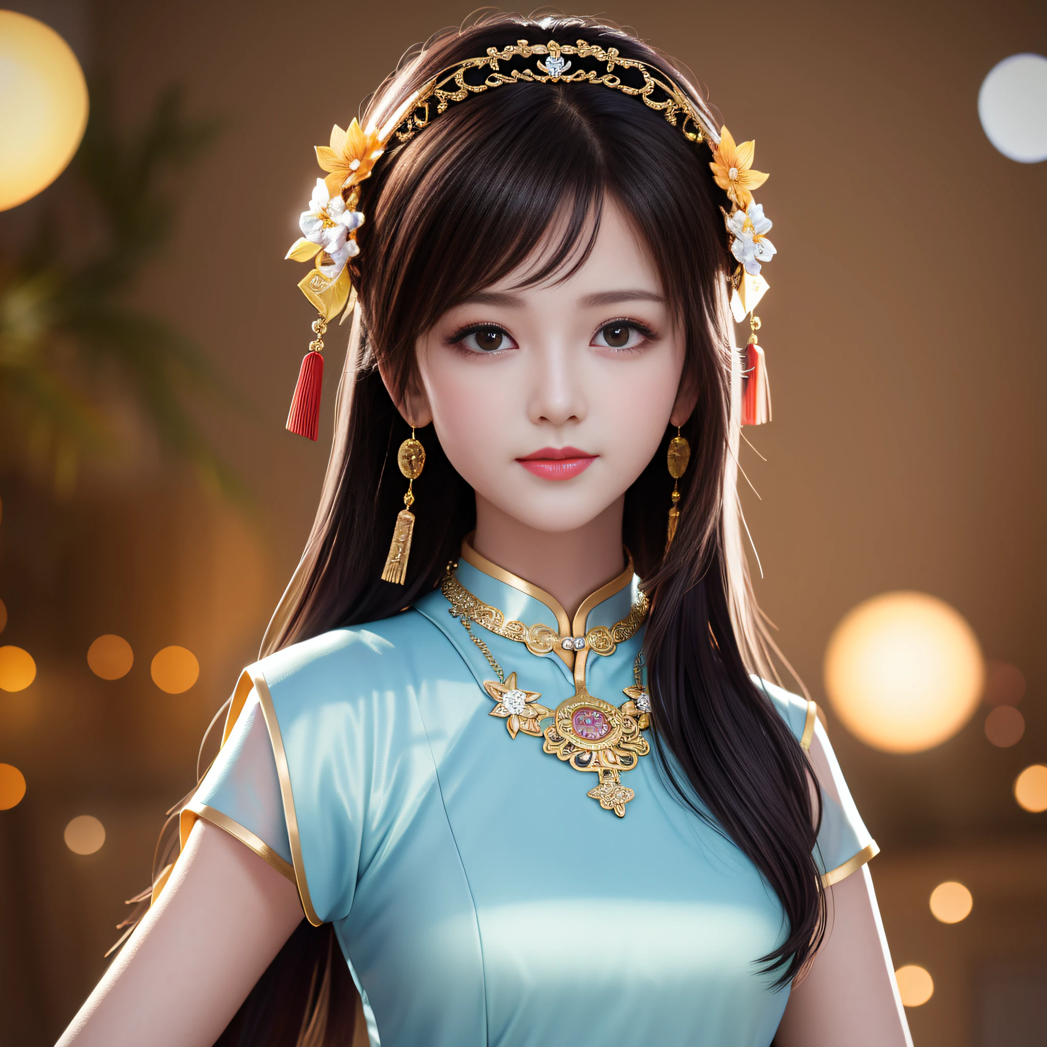 Best Quality, Masterpiece, Hi-Res, One Girl, Cheongsam, Headwear, Necklace, Jewelry, Beautiful Face, upon_body, Tyndall Effect, Photorealistic, Dark Studio, Rim Lighting, Two-Tone Lighting, (High Definition Skin: 1.2), 8k uhd, dslr, soft lighting, high quality, volumetric lighting, candid, photography, high resolution, 4k, 8k, bokeh,