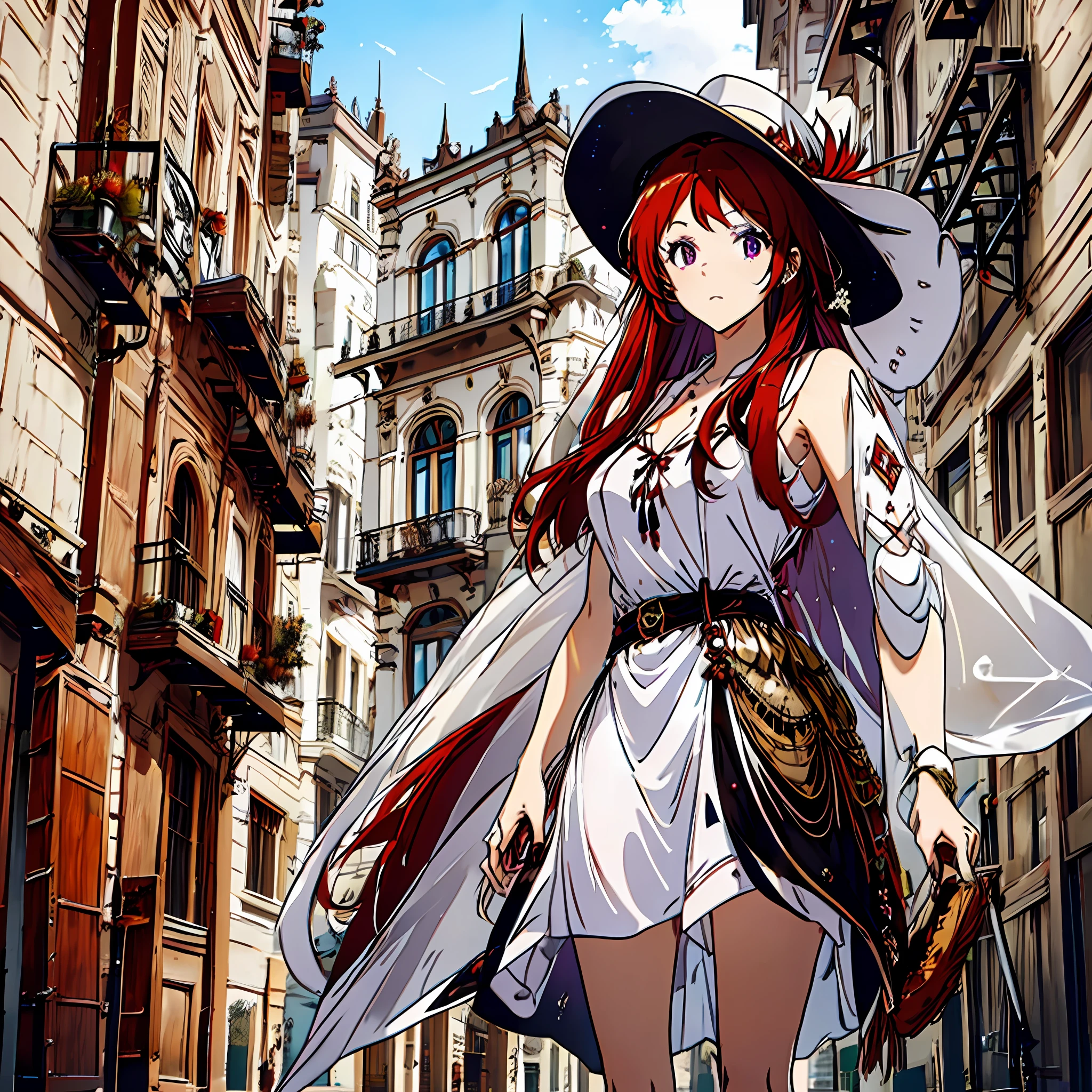 Red-haired female with purple eyes, feather headdress, sun hat, white shawl, brown dress, black silk, red high heels, Western European rental house on background