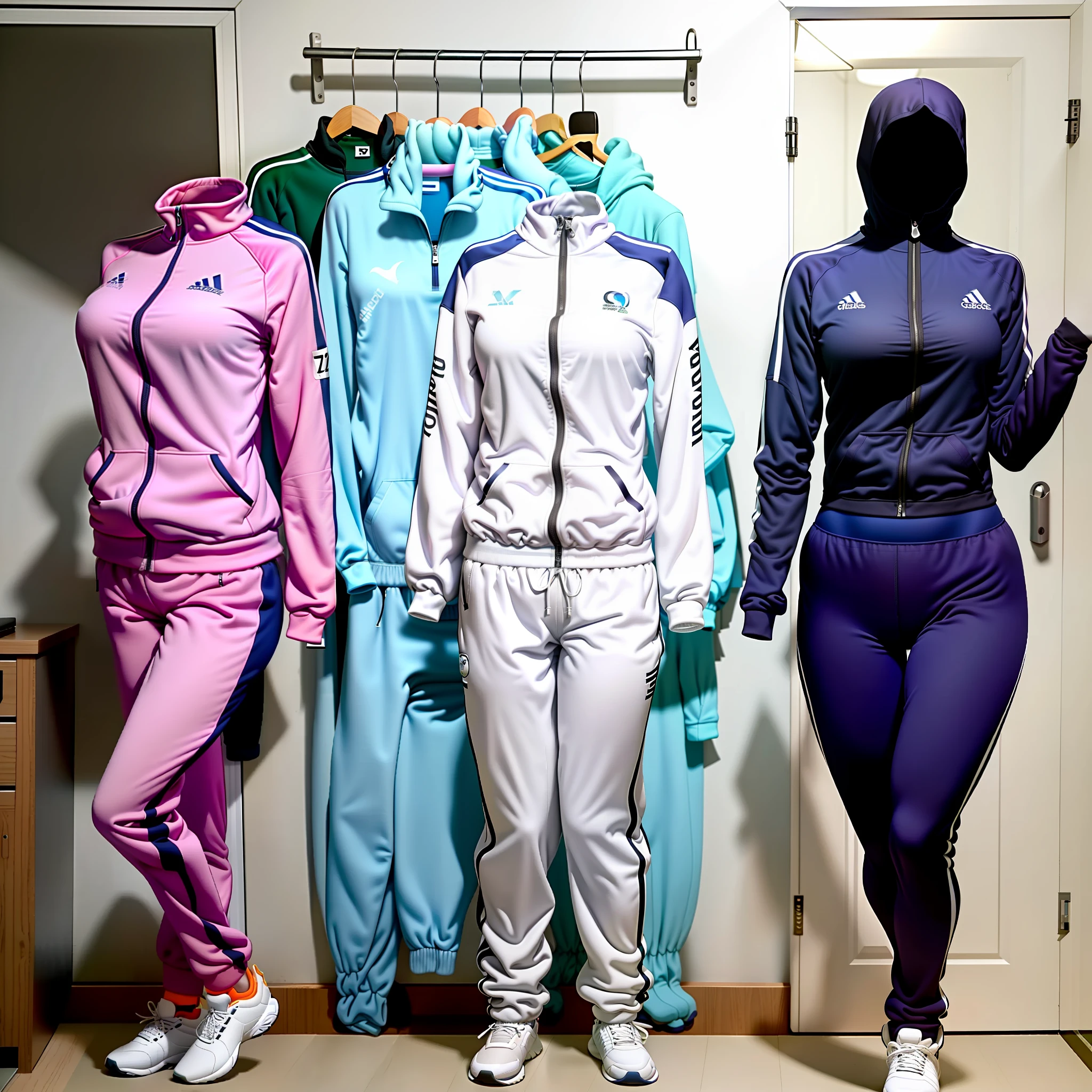 Invisible girls, world without humans, headless, tracksuits, (realistic: 0), headless, empty, handless, headless, invisible girls, tracksuits with cleavages, school sweater, empty clothes, invisible body, invisible head, empty clothes, invisible girl, uniforms, invisible body, invisible head, school uniforms has big breasts, tights, hanger tracksuits in a closet swells as if worn by invisible busty girls, girl's busty tracksuits begin to pose on its own as if worn by invisible girls,