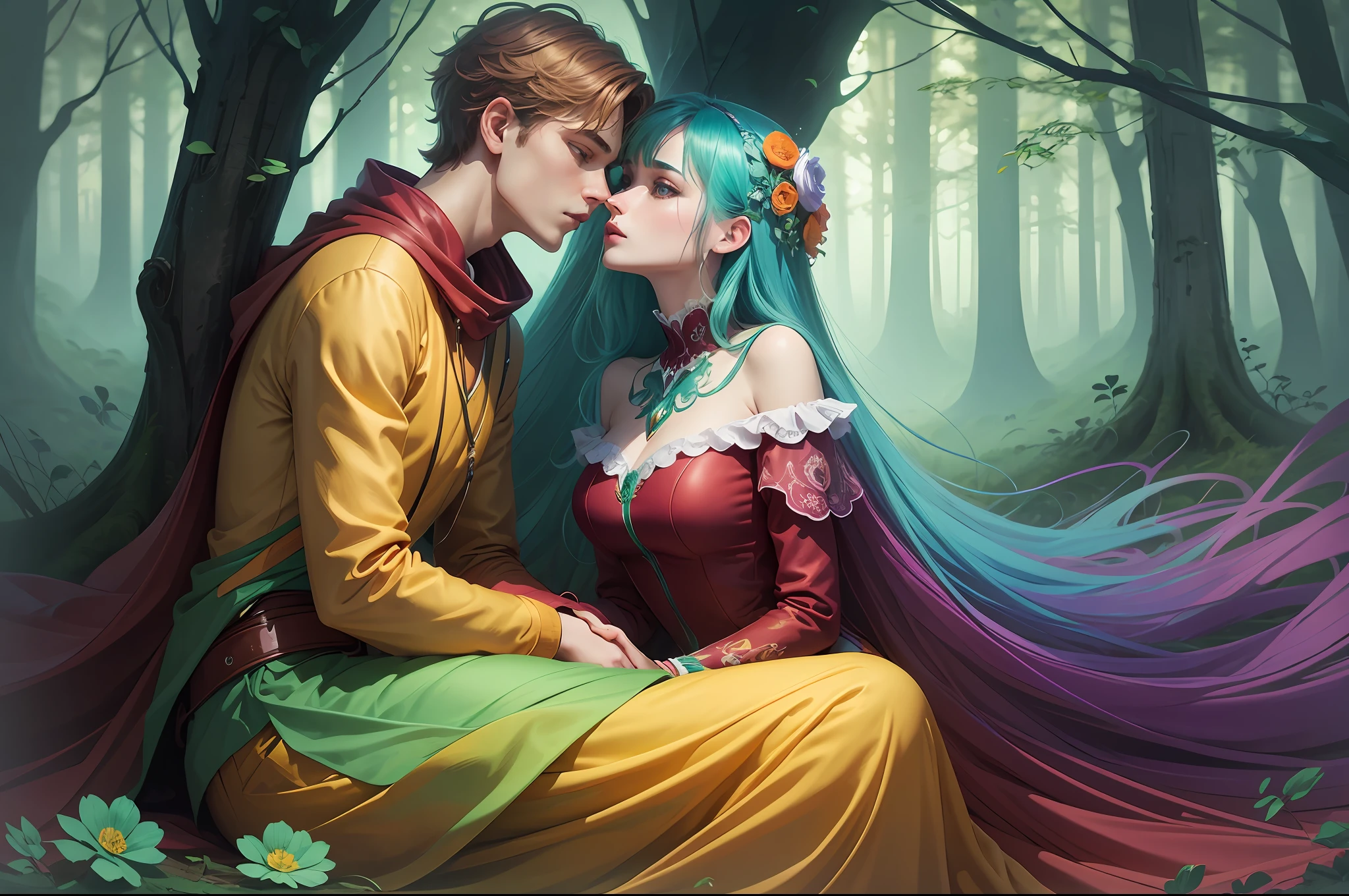 Young woman and young man leaning to each other like a Piscis sign, both merging with flowers, swirl of colours, palette of forest green, tart orange, russet, burgundy, aqua. Foggy forest. Surreal illustration of clothes, industral lights --auto --s2