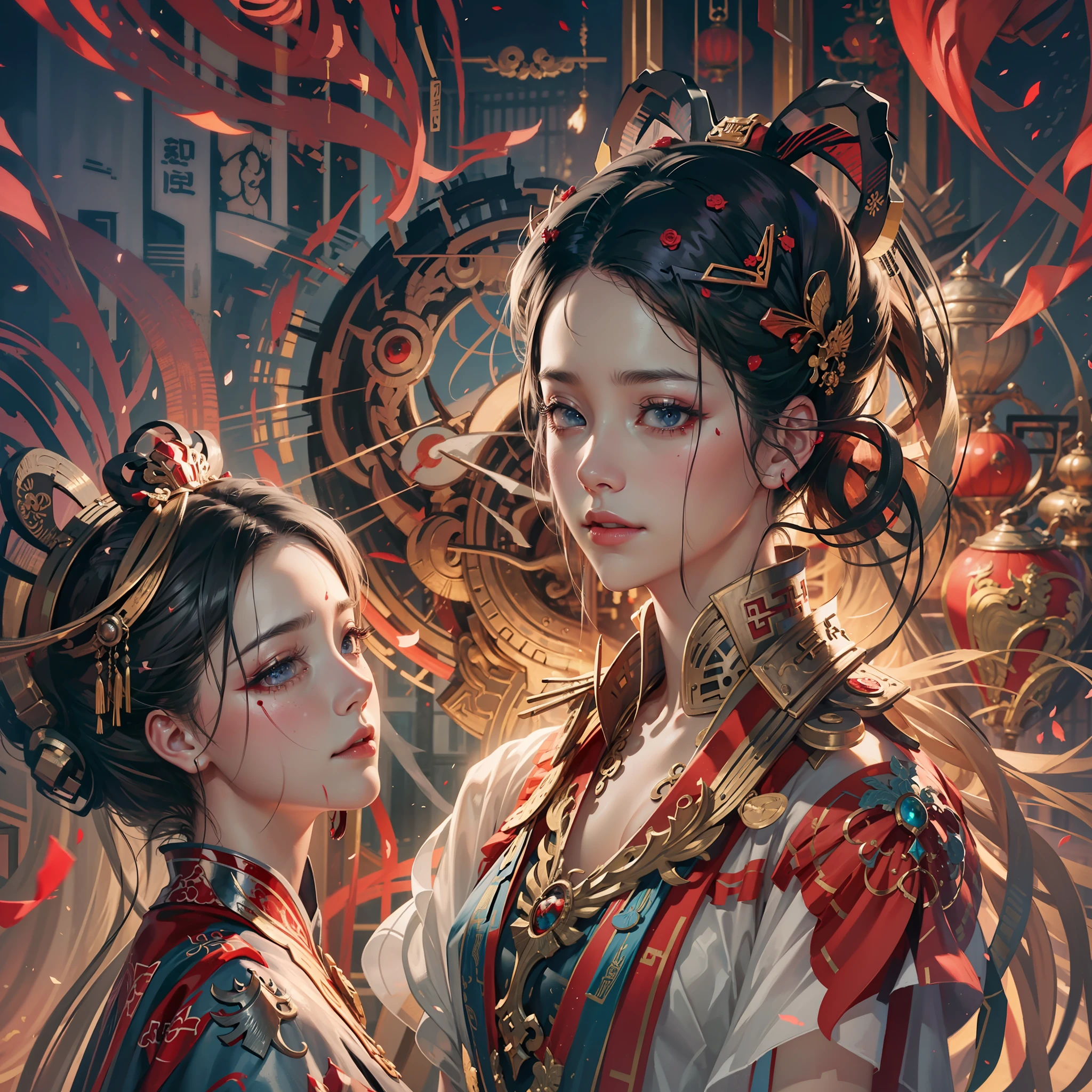 Best Quality, Masterpiece, Ultra Detail, Extreme Detail, 8k Wallpaper, Realistic Details, Movie Lighting, Dynamic Angle, World Mastery Theater, Best Quality, Extremely Delicate Beautiful Girl, Perfect Face, Delicate Facial Features, Perfect Hands, Delicate Eyelashes, Delicate Eyes, Ancient Chinese Hairstyle, Peking Opera, Horror, Spooky Atmosphere, Darkness, Red Lantern, Spirit Rune, Puppet Body, Messy Study, Blood Stain, Bust, Melancholy Expression, Small Laugh, Blood Tears, Rose Petals, Red Candle, Side Look