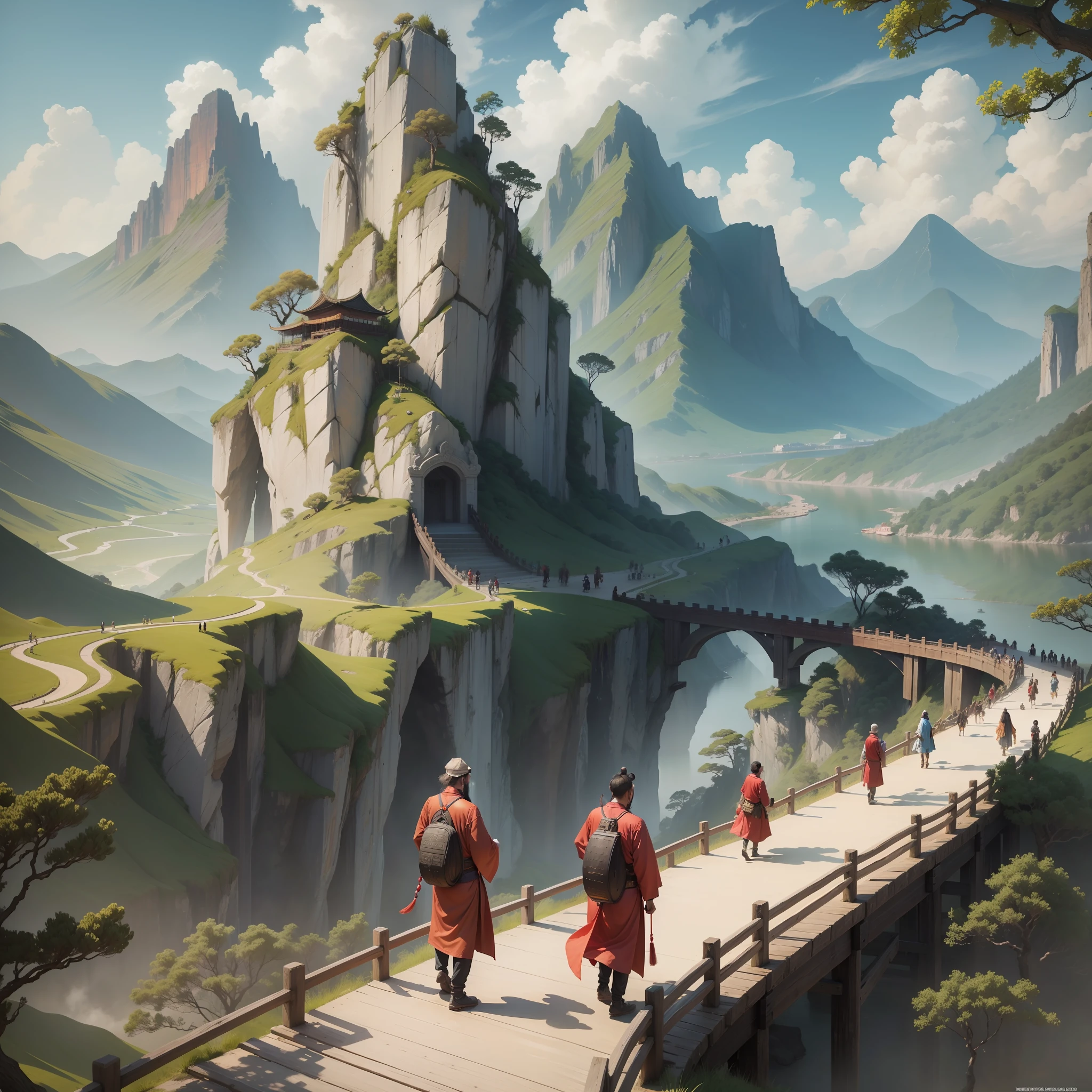 An ancient Chinese man stood on the boardwalk and saw a group of laughing people under the mountain --auto --s2