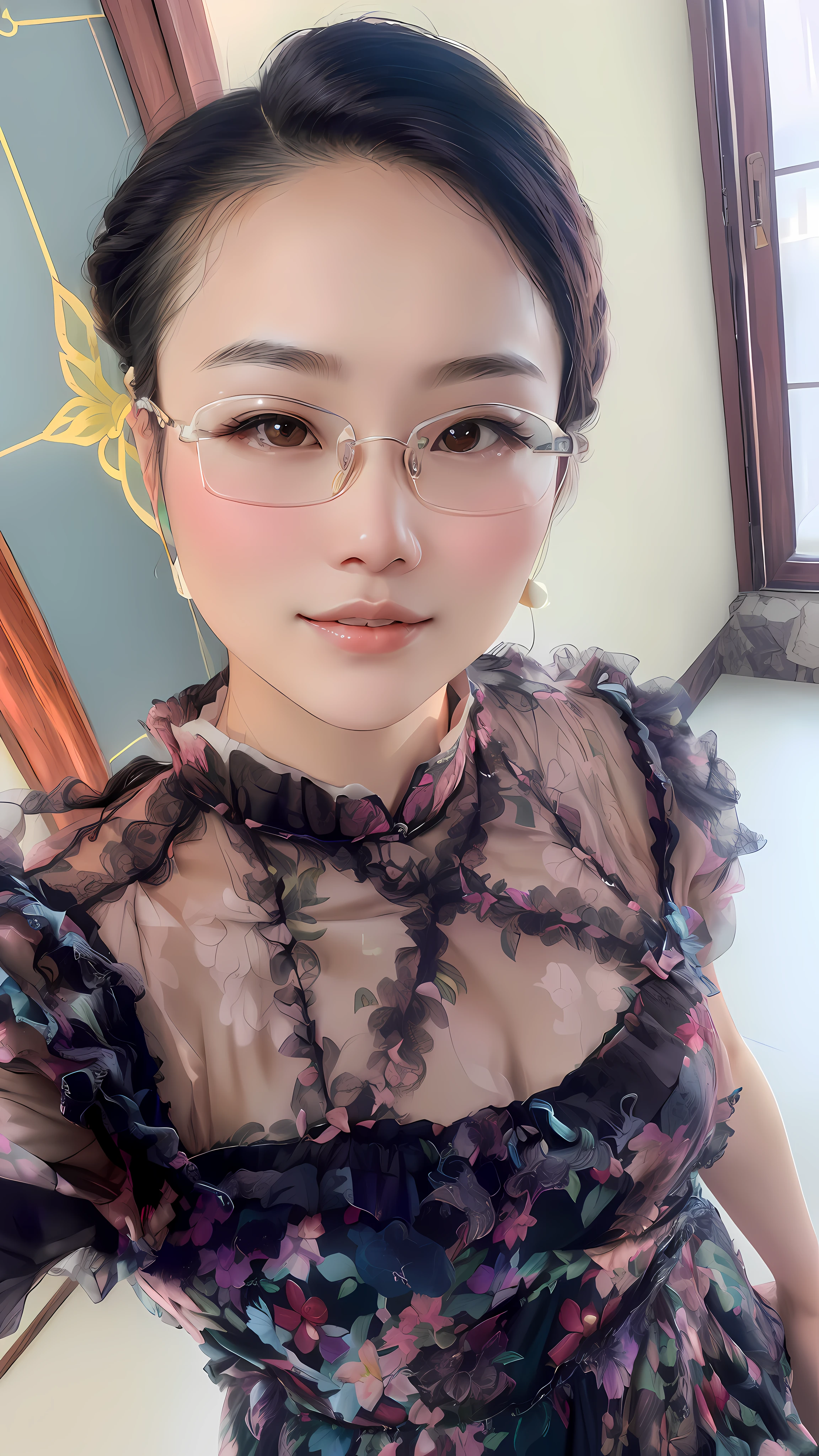 Close-up of a woman wearing glasses and dress, Dila Badil Murrat, Chen Xintong, Dang Mei Lynch, clear lips and high quality, profile image, Ye Wenfei, young and cute Wan Asian face, Mai Ying Chen, wearing thin big round glasses, young cute girl, in Lin Mang's style, change a forest background