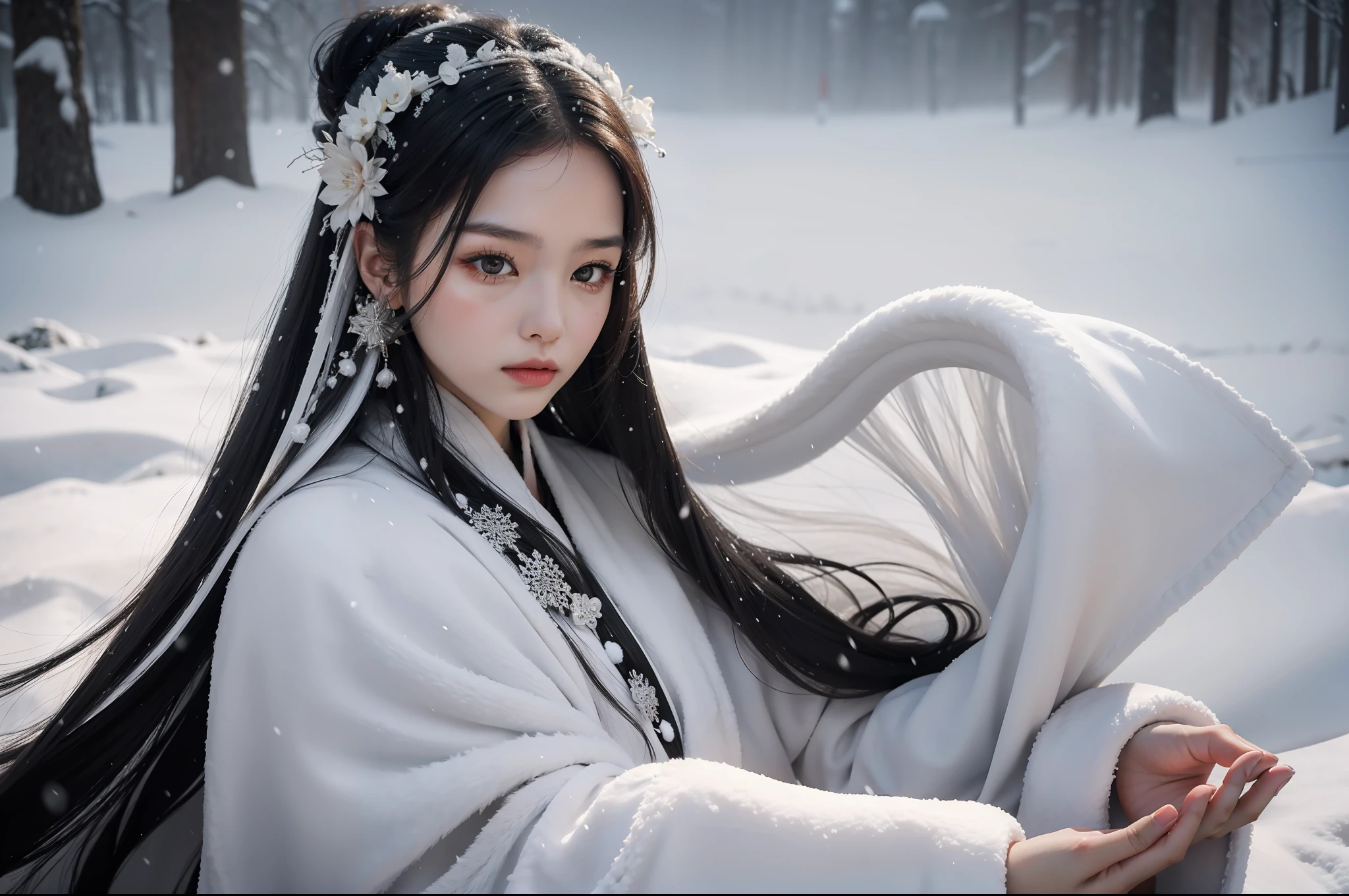 women with long hair in grey robe walking through snow,heavy snow,look at the camera,close-up shot,delicate facial details, in the style of influenced by ancient chinese art , celebrity photography , gongbi , gothic references , photo - realistic ,upscale --ar 3:2 --q 5 --v 5.1 --style raw --s
