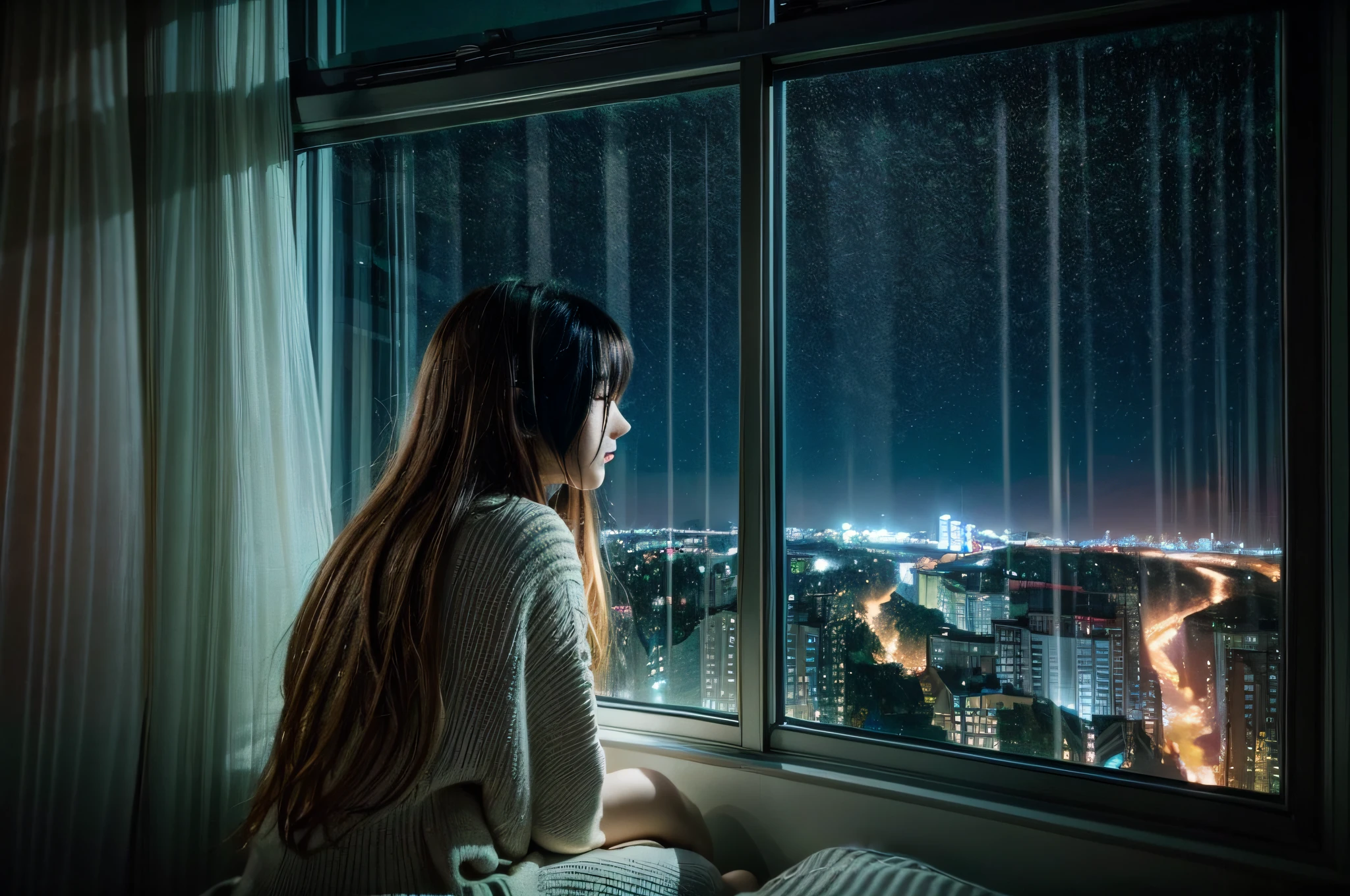 (masterpiece), (intricate details), (photorealistic:1.3), (film grain:1.4), (perfect anatomy), [:(intricate details), (detailed skin), (detailed face):0.2], girl sitting by the window and looking out the window, night, city lights, roads, car lights,