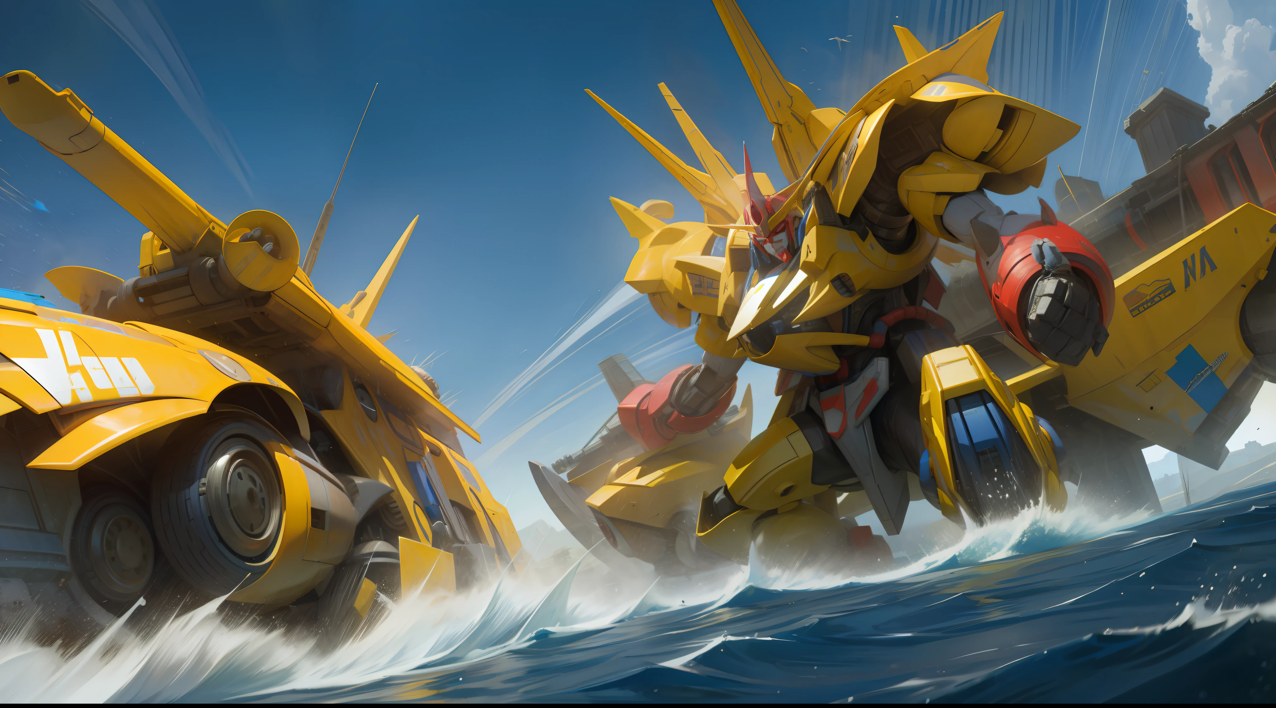 blue and yellow, a gurren laggan mecha war in the cosmo