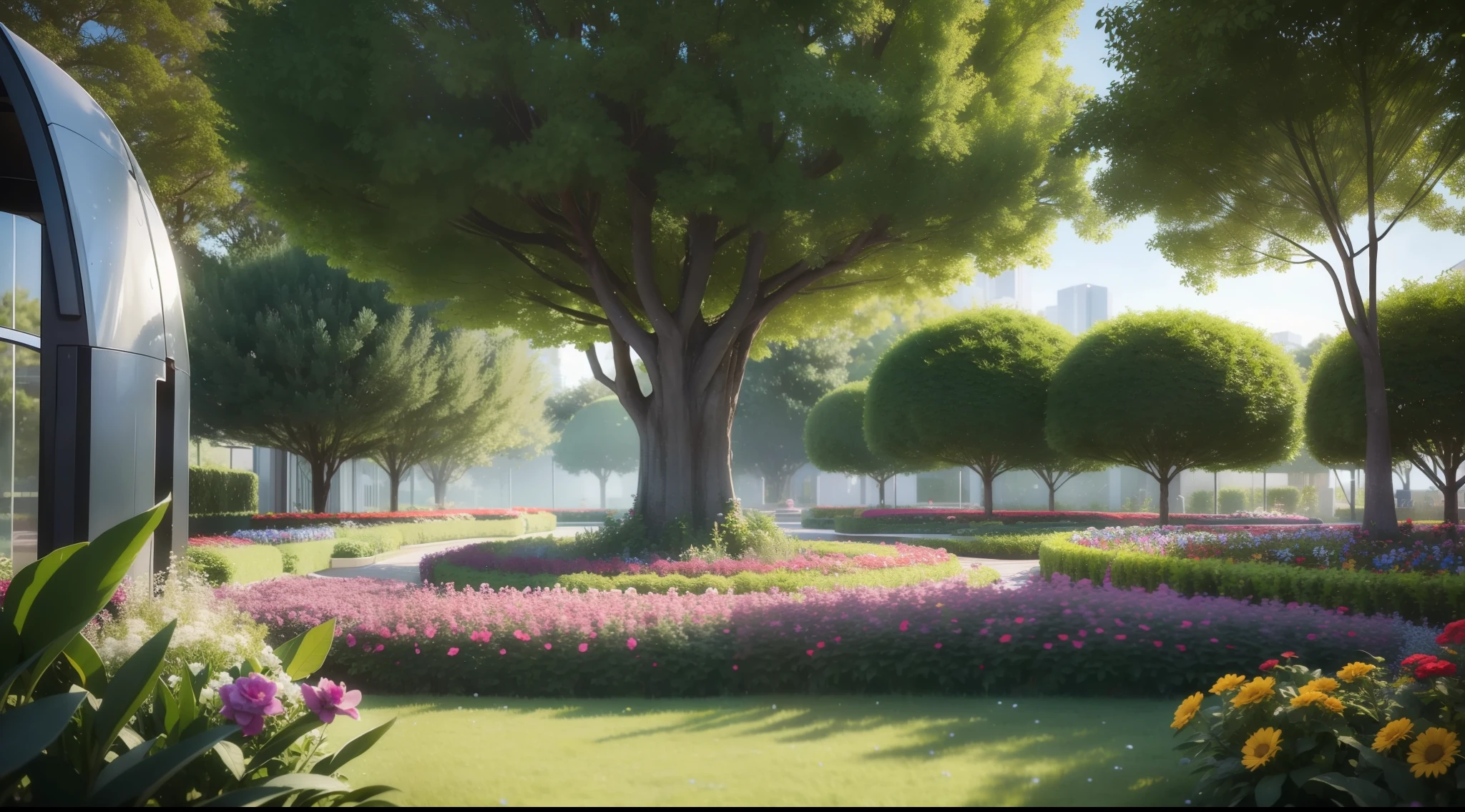 a futuristic community garden with lush trees and lots of flowers, vibrant, photorealistic, realistic, dramatic, cinematic lighting, sharp focus, 8k