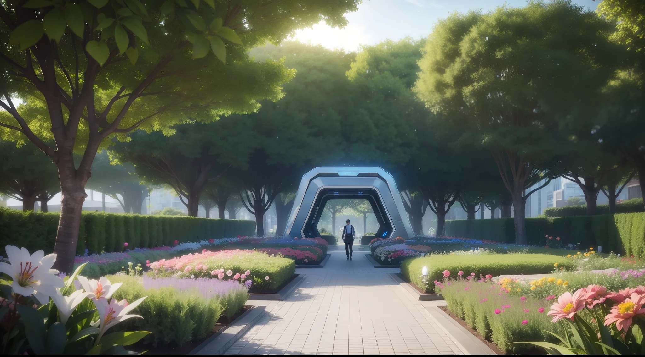 a futuristic community garden with lush trees and lots of flowers, vibrant, photorealistic, realistic, dramatic, cinematic lighting, sharp focus, 8k