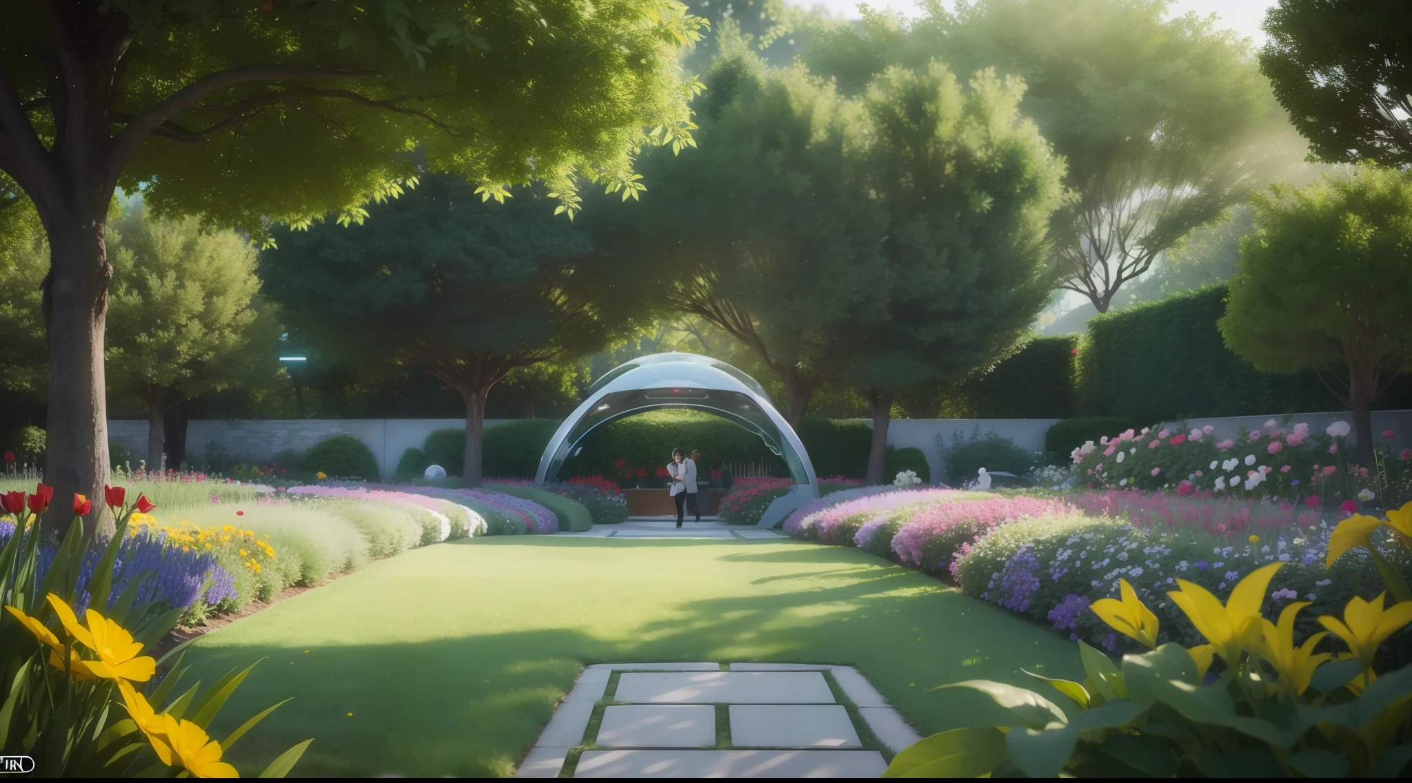 a futuristic community garden with lush trees and lots of flowers, vibrant, photorealistic, realistic, dramatic, cinematic lighting, sharp focus, 8k