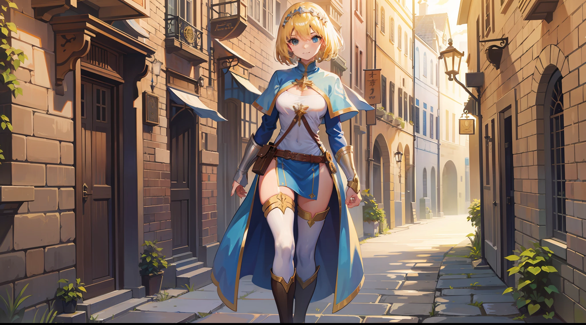 a girl, cleric, blonde, short hair, bright blue eyes, beautiful breasts, hair between eyes, bangs, full body, confident, heroic posture, smiling, fantasy, medieval, rays of sun, in medieval streets