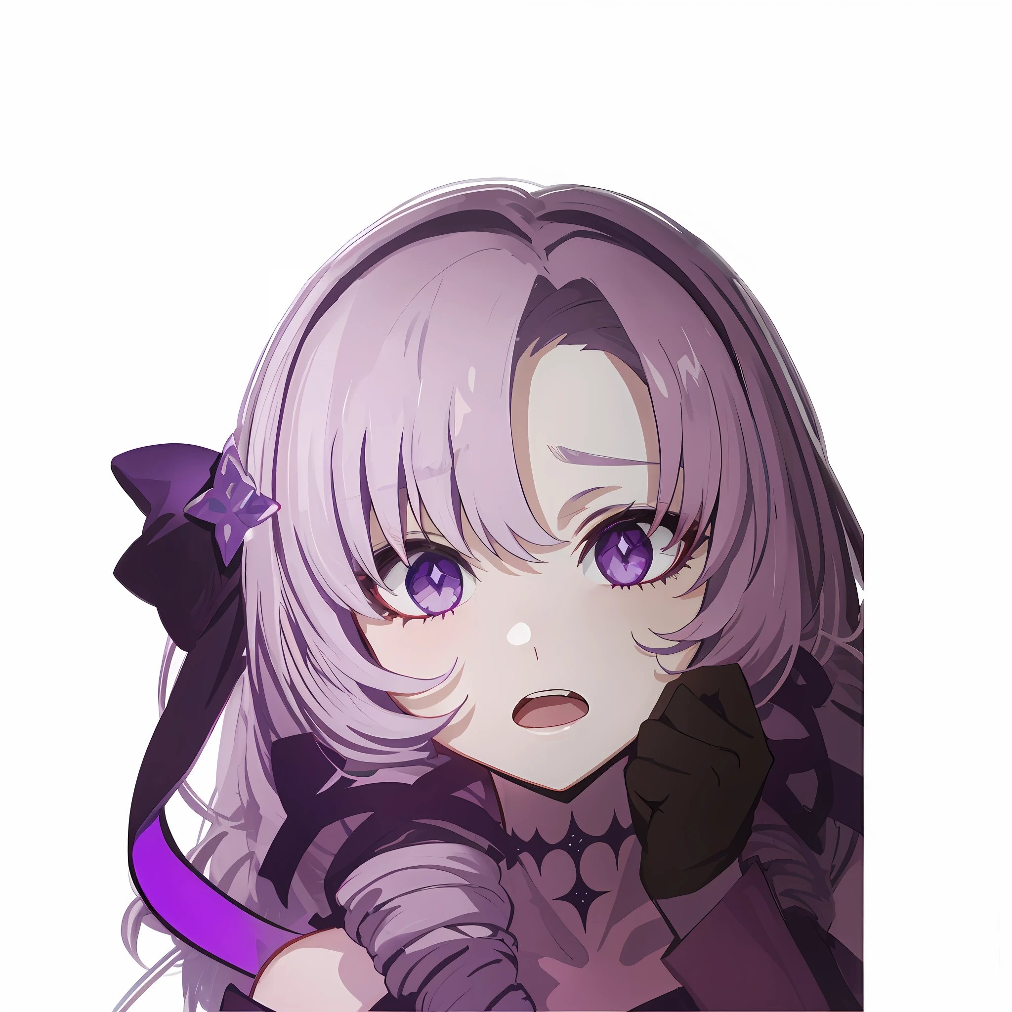 scared expression, panic, open mouth, drill hair, purple ribbon, purple eyes, lilac hair, off-shoulder, diamond in eyes