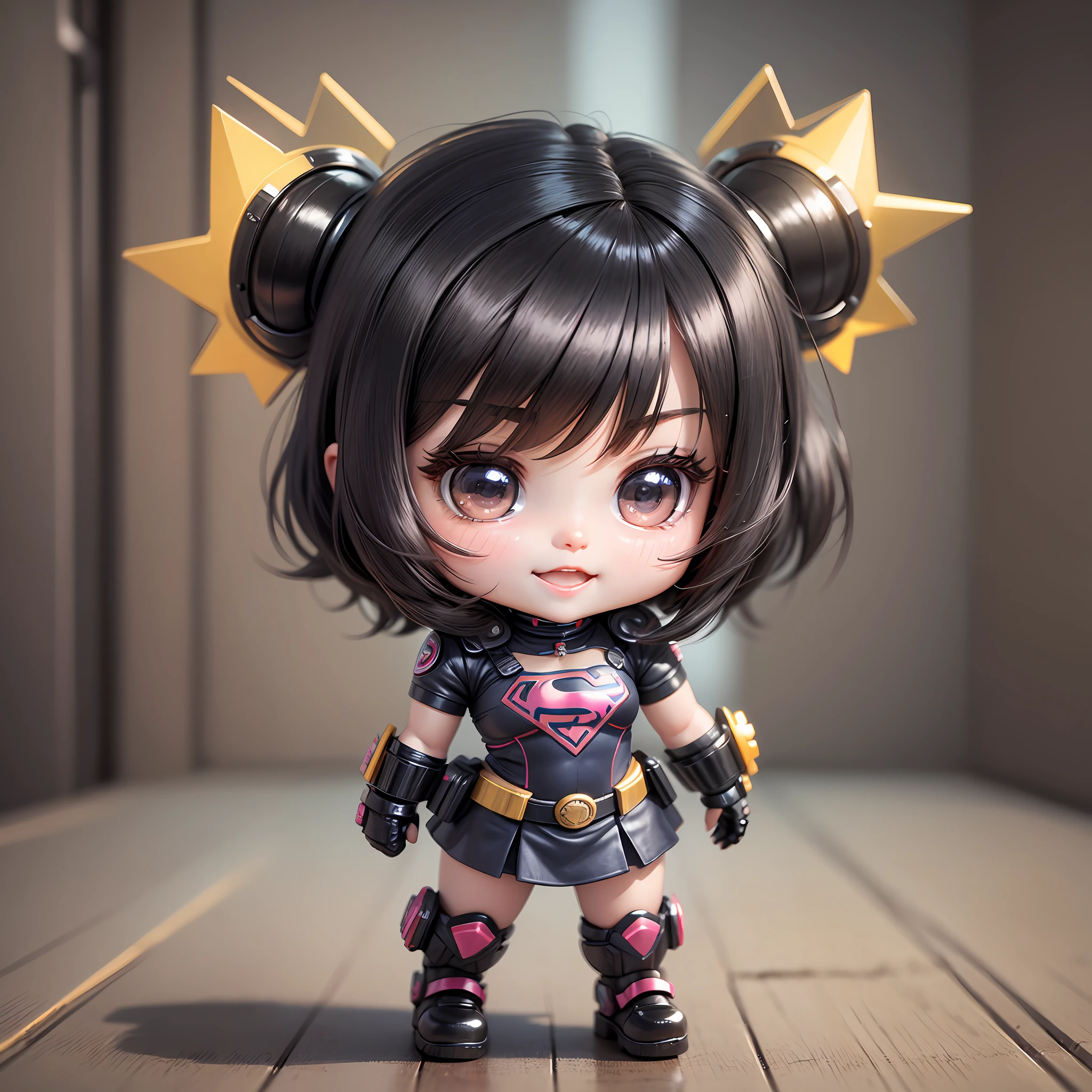  chibi supergirl character, realistic 3d short hair, black hair, long straight hair, happy face, shiny black eyes, full body she with ice cream cyberpunk style --auto --s2