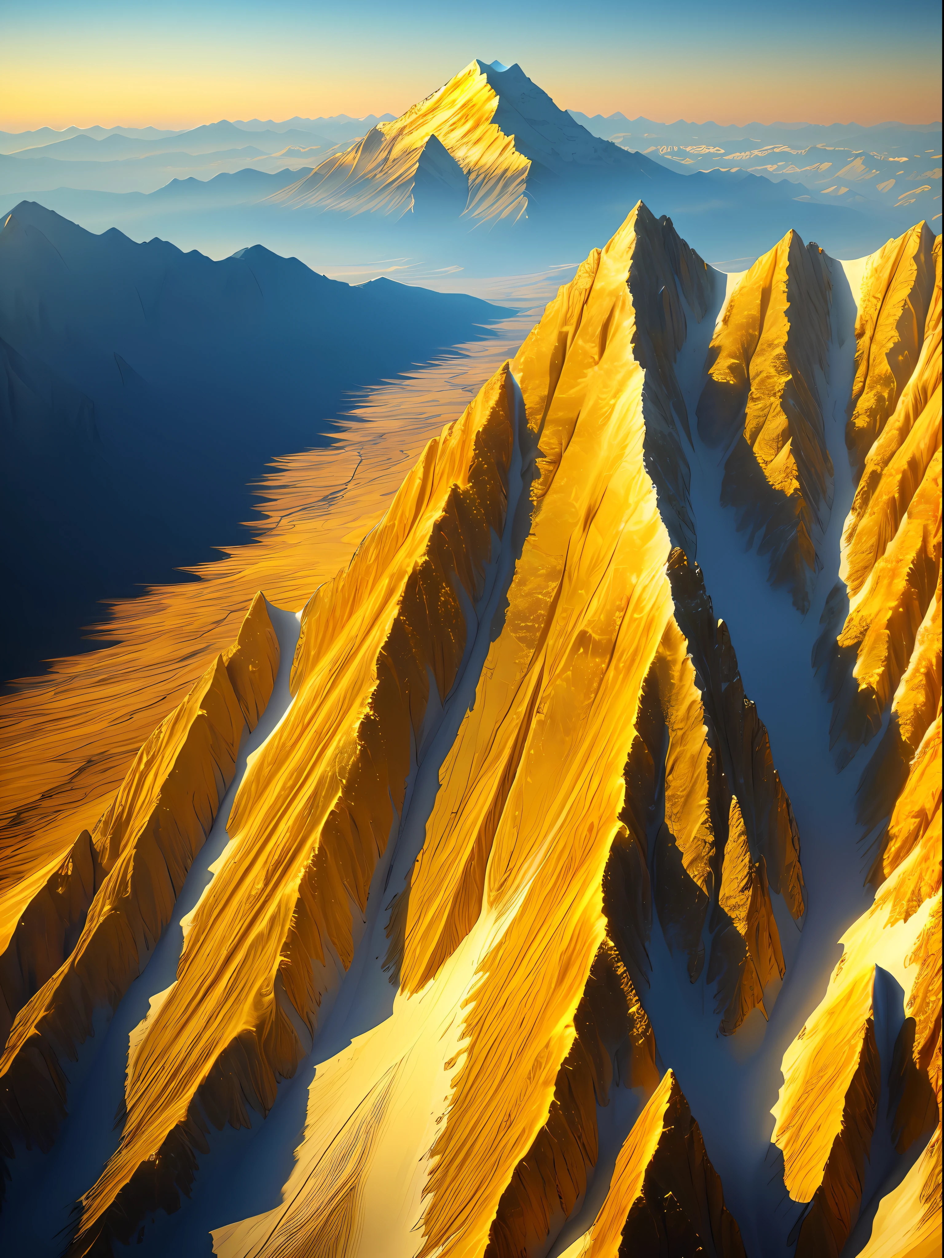 (golden mountain:1.3) with warm shades of gold, (high resolution:1.2) and (high quality:1.2). Mountain made of gold
