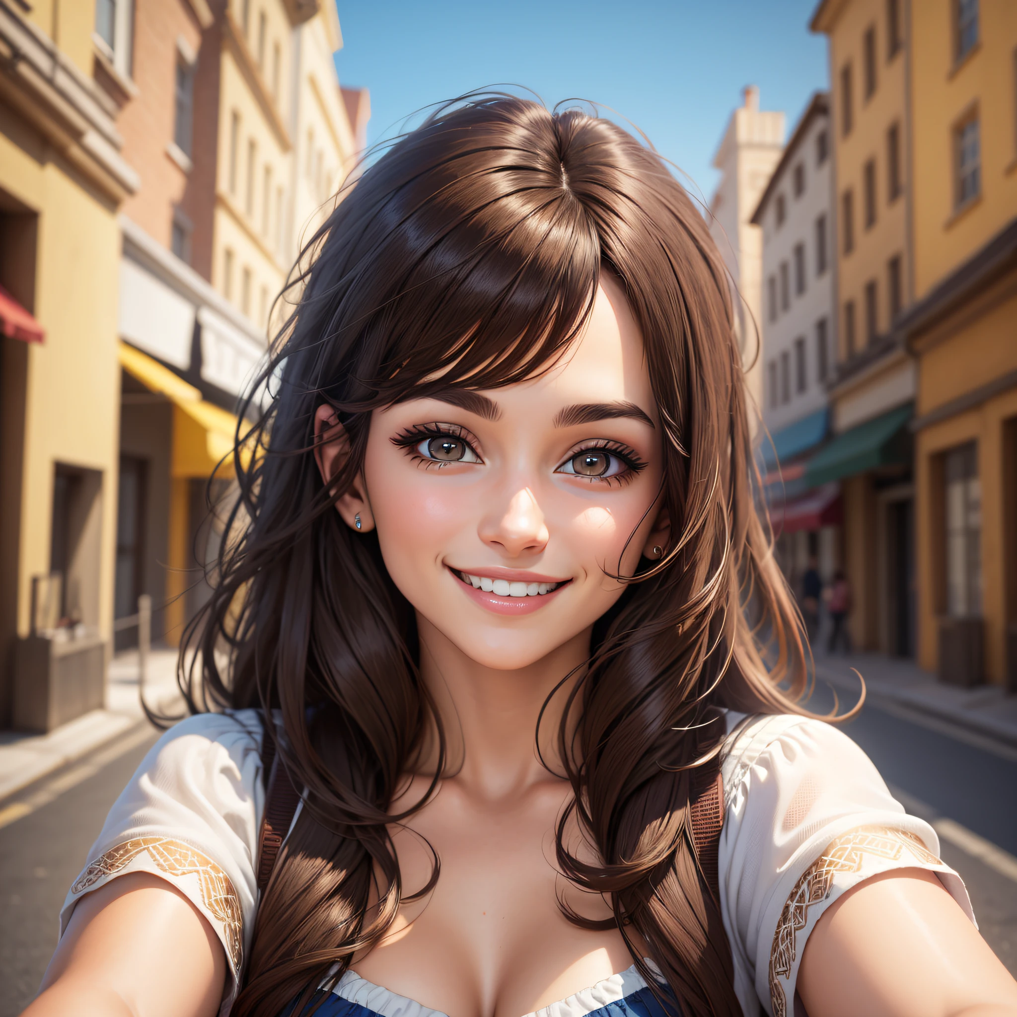Brown hair, dark eyes, smile, smiley, amazing smile, woman with beautiful face in her twenties, first person perspective, uhd, ccurate, super detail, high detail, high quality, best quality, 8K