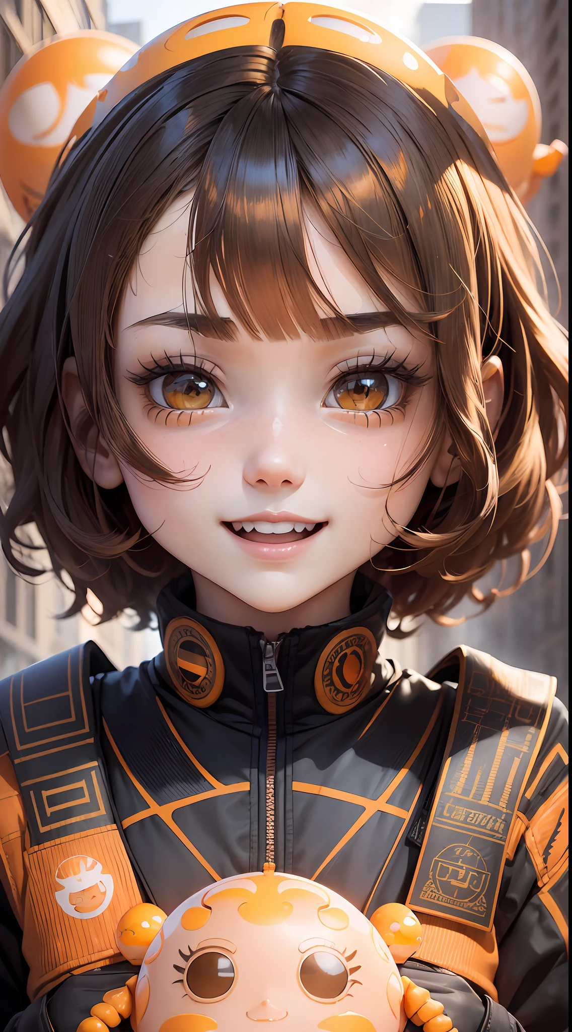 (Masterpiece), (Extreme), (Super detailed),(Body:1.9),1girl, sunshine, cute, orange, (big head:1.8), doll, smile, open mouth, city, fashion, coat, blush, tree, shirt, short hair, orange, orange headdress, blurred, long sleeves, bangs, black hair, (beautiful and detailed face), (beautiful and detailed eyes), --auto --s2