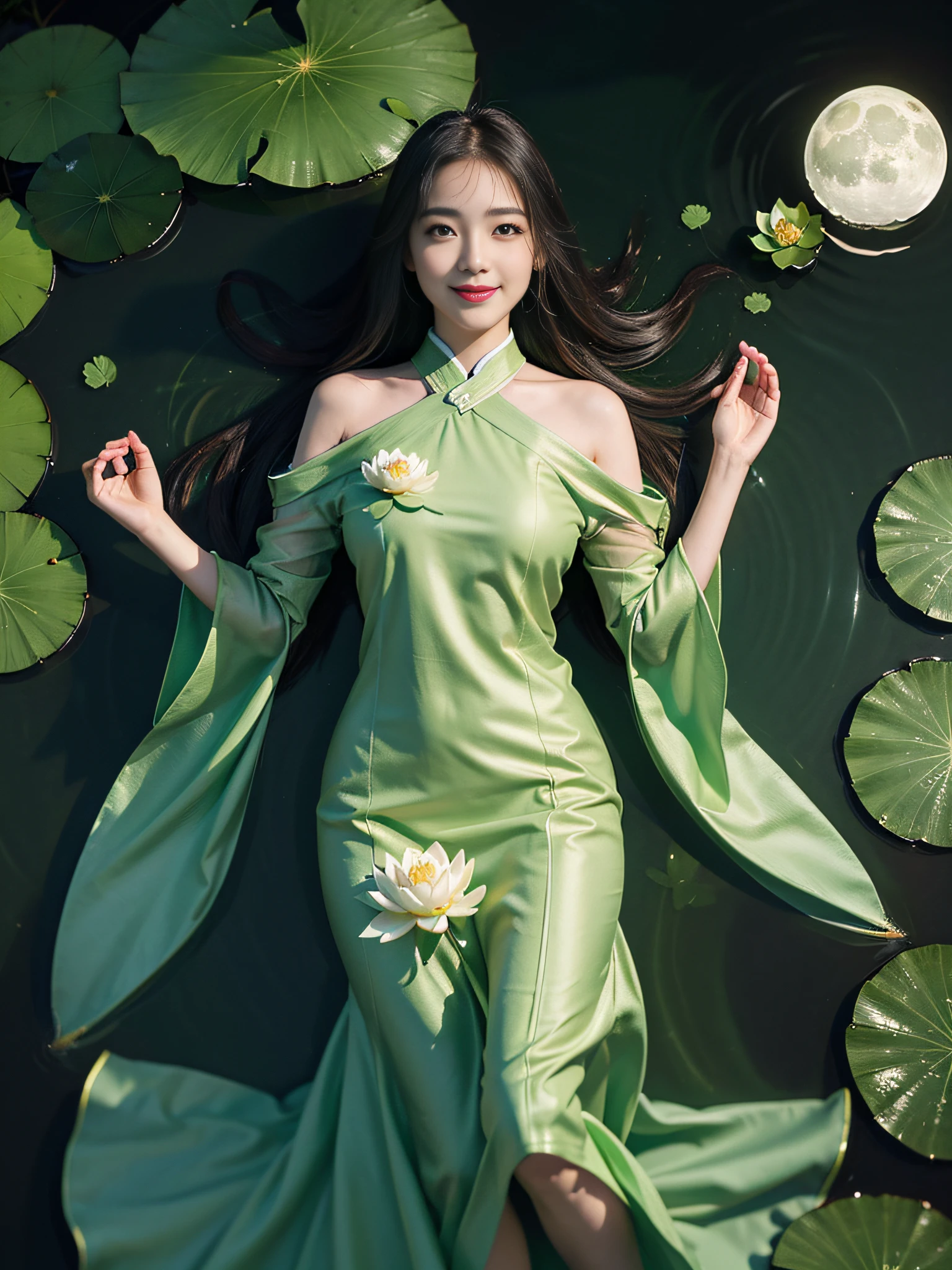 (1girl:1.5),(light smile:1.3),(green dress),(lotus pond),(lily pads),(lotus flowers:1.3), (floating leaves),(wind), (lying), (transparent water:1.1),(moonlight:1.3),(peaceful atmosphere:1.4), (wide shot),(from above),(green theme:1.2), She lying in the center of the lotus pond, smile, smirk, glint, red lips, The girl wearing a beautiful Hanfu, perfectly matched with the surrounding scenery. The beautiful night, the moonlight reflected in the water, creating a calm atmosphere,close shot,close-up,(Hands under water:1.2)