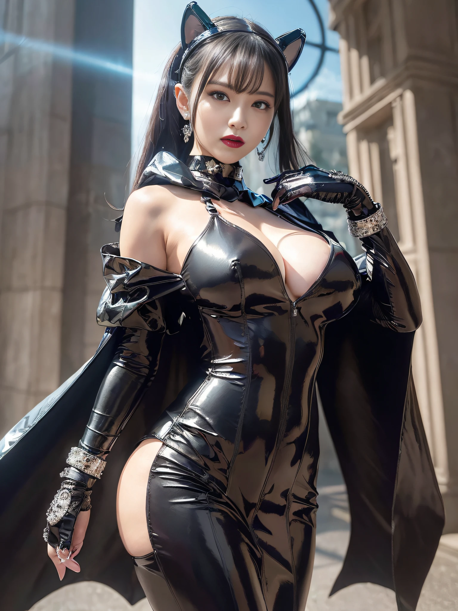 (high resolution,masterpiece, ultra best quality, insanely amazing hyper fine extremely detailed, official:1.4), realistic, photo, details, all intricate, gloss and shiny,awesome many layers, intense shadow, 8k wall paper, 3d, sketch, kawaii, Unique Artistic favorite Creative illustrations, high contrast, delicate composition, cinematic lighting, perfect anatomy, accurate describe shapes, thorough and precise, beautiful detailed glow, ( solo:1.4), perfect female proportion, ideal ratio body proportions, glamorous proportion, toned female, abs, muscular, depth of field, detailed seductive eyes, gleaming skin, oily skin, villainess, dark heroine, clothes reflecting light, extremely shiny clothes, extremely wrinkled shiny fabric,
(extremely wrinkled shiny clothes reflecting light)+, fusion of satin and latex fabric ,skin fit,extremely shiny fabric, gleaming skin, muscular-,
(evil smile, villainess, dark persona:1.2),
huge breast, cleavage cutout, forged and muscular abs, thick thighs covered with thin fat and forged muscles,
(black_choker,bracelet,headpiece,jewelry,lipstick,tokusatsu,dark heroine, dark princess:1.4), (latex red gloves:1.2), black see-through stockings,
(evil smile, dark persona:1.2), (japanese girl:1.4), (queen:1.2),
(beautiful detailed black gothic Empire Waist Dress, in Suspended colorless crystal, extremely shiny fabric, extremely fabric, puffy sleeve, fusion of satin and latex cloak and cape:1.4),
outdoor, in city, open battle field, concrete wall, dark night,
overlooking panorama scenic magnificent view,
hyper-realistic, (photo-realistic:1.4), realistic,HDR, physically-based rendering,