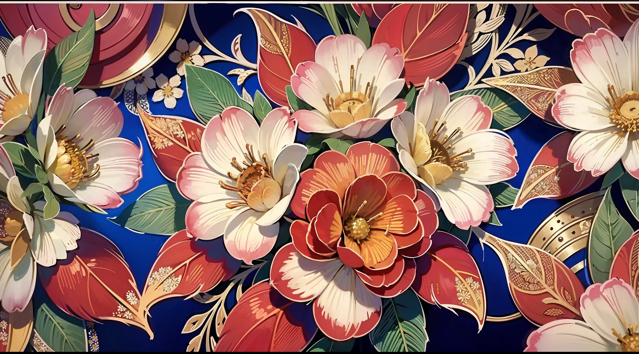 Colorful floral print fabric close-up on white background, fresh, flat, manga style, leaves, brush strokes, colorful flowers, textile print, floral pattern, colorful flowers, floral embroidery, gorgeous flowers, floral motives, flowers, high detail, ultra hd, high detail, color gamut painting, color field painting, anime style, best quality, UHD, best quality, high detail --auto --s2