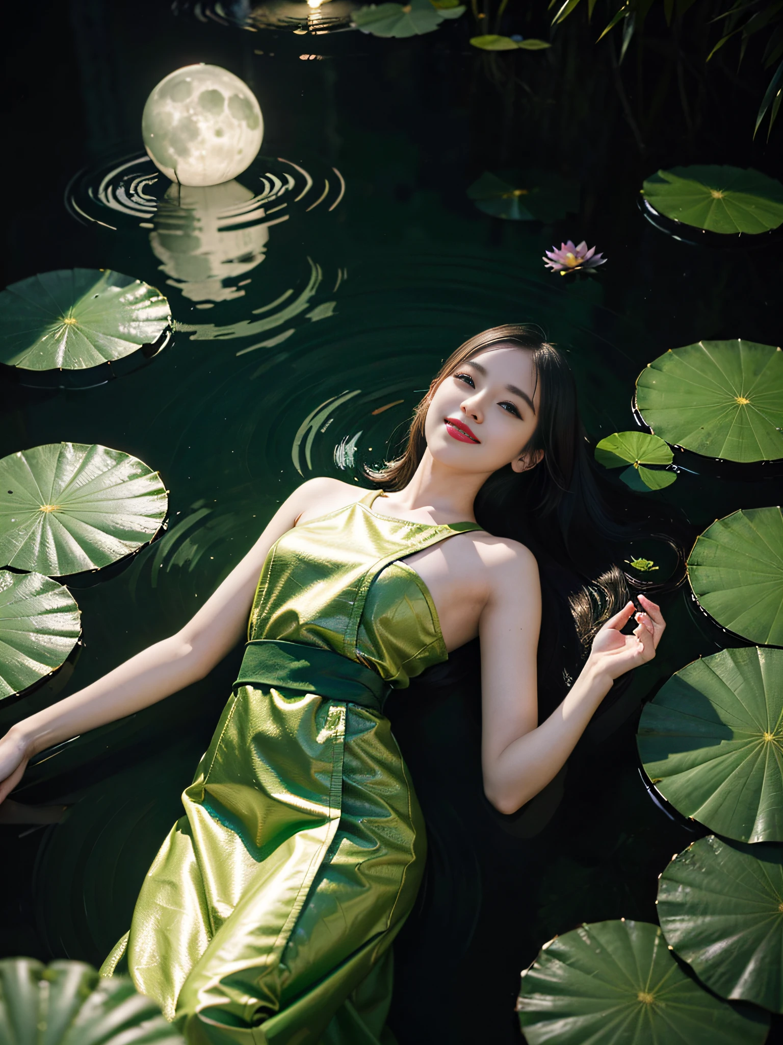(1girl:1.5),(light smile:1.3),(green dress),(lotus pond),(lily pads),(lotus flowers:1.3), (floating leaves),(wind), (lying), (transparent water:1.1),(moonlight:1.3),(peaceful atmosphere:1.4), (wide shot),(from above),(green theme:1.2), She lying in the center of the lotus pond, smile, smirk, glint, red lips, The girl wearing a beautiful Hanfu, perfectly matched with the surrounding scenery. The beautiful night, the moonlight reflected in the water, creating a calm atmosphere,close shot,close-up