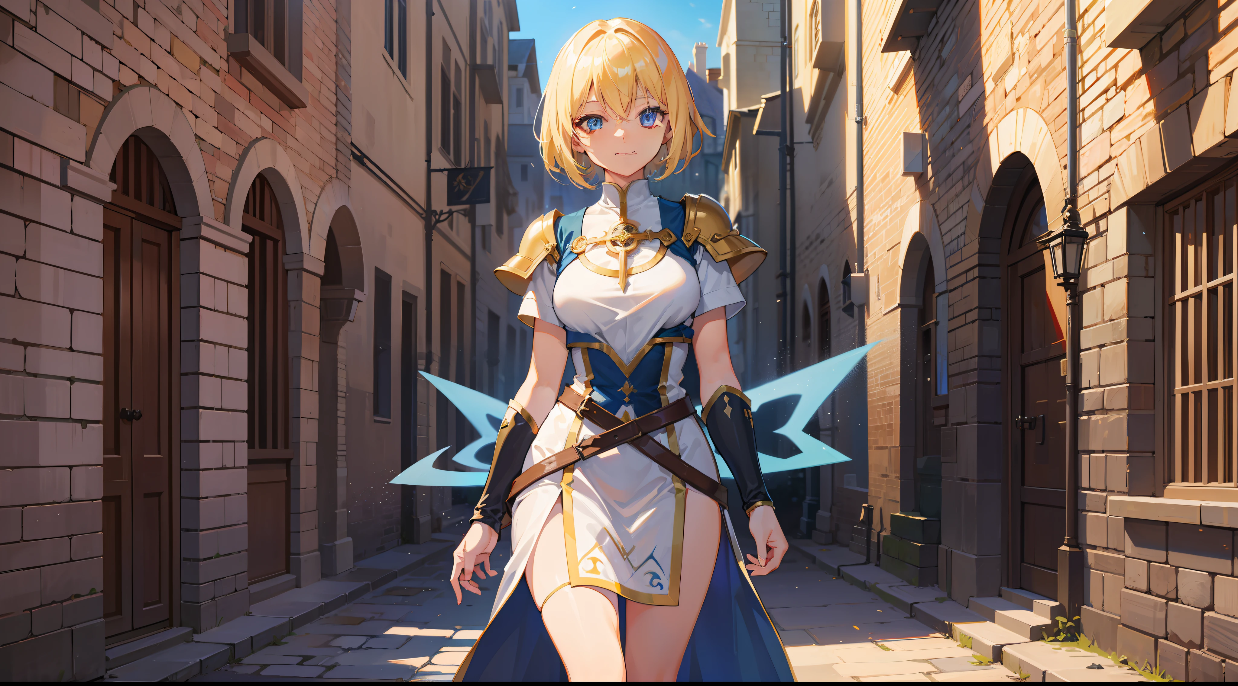 a girl, cleric, blonde, short hair, bright blue eyes, beautiful breasts, hair between eyes, bangs, full body, confident, heroic posture, smiling, fantasy, medieval, rays of sun, in medieval streets