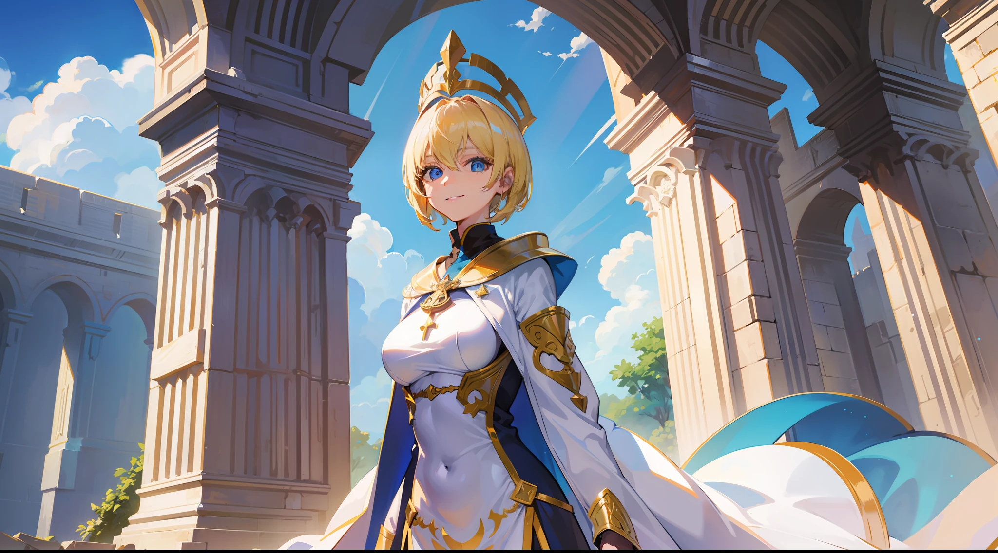 a girl, cleric, blonde, short hair, bright blue eyes, beautiful breasts, hair between eyes, bangs, full body, confident, heroic posture, smiling, fantasy, medieval, rays of sun, blue sky