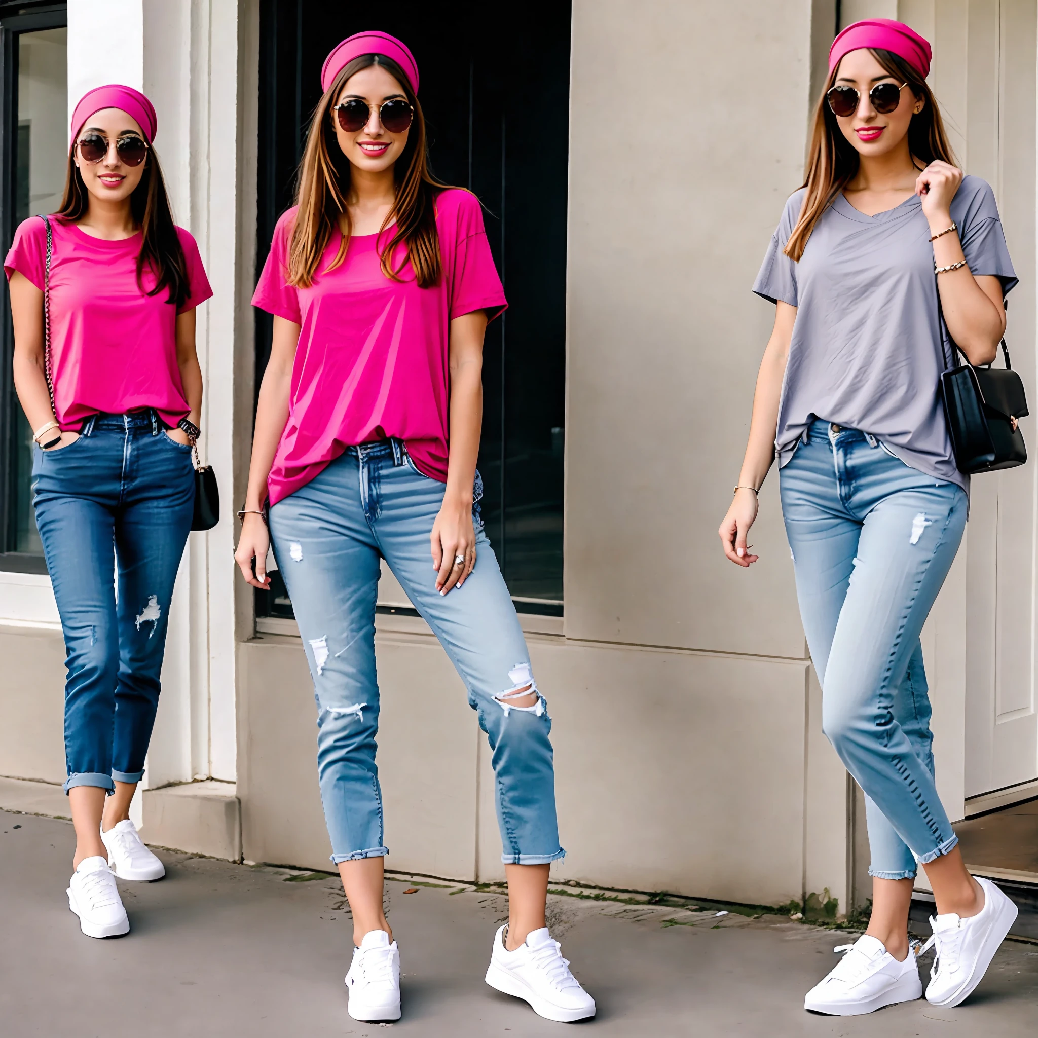 1. Top: Choose a vibrant solid color fitted T-shirt, paired with loose cuffed straight-leg jeans, to maintain comfort while showcasing unique taste.
2. Accessories: Pick a small vertical tote bag and a colorful headscarf to highlight a youthful and lively attitude.
3. Footwear: Opt for a pair of convenient and comfortable loafers or platform mesh sneakers, which can maintain a fashionable look while being practical.