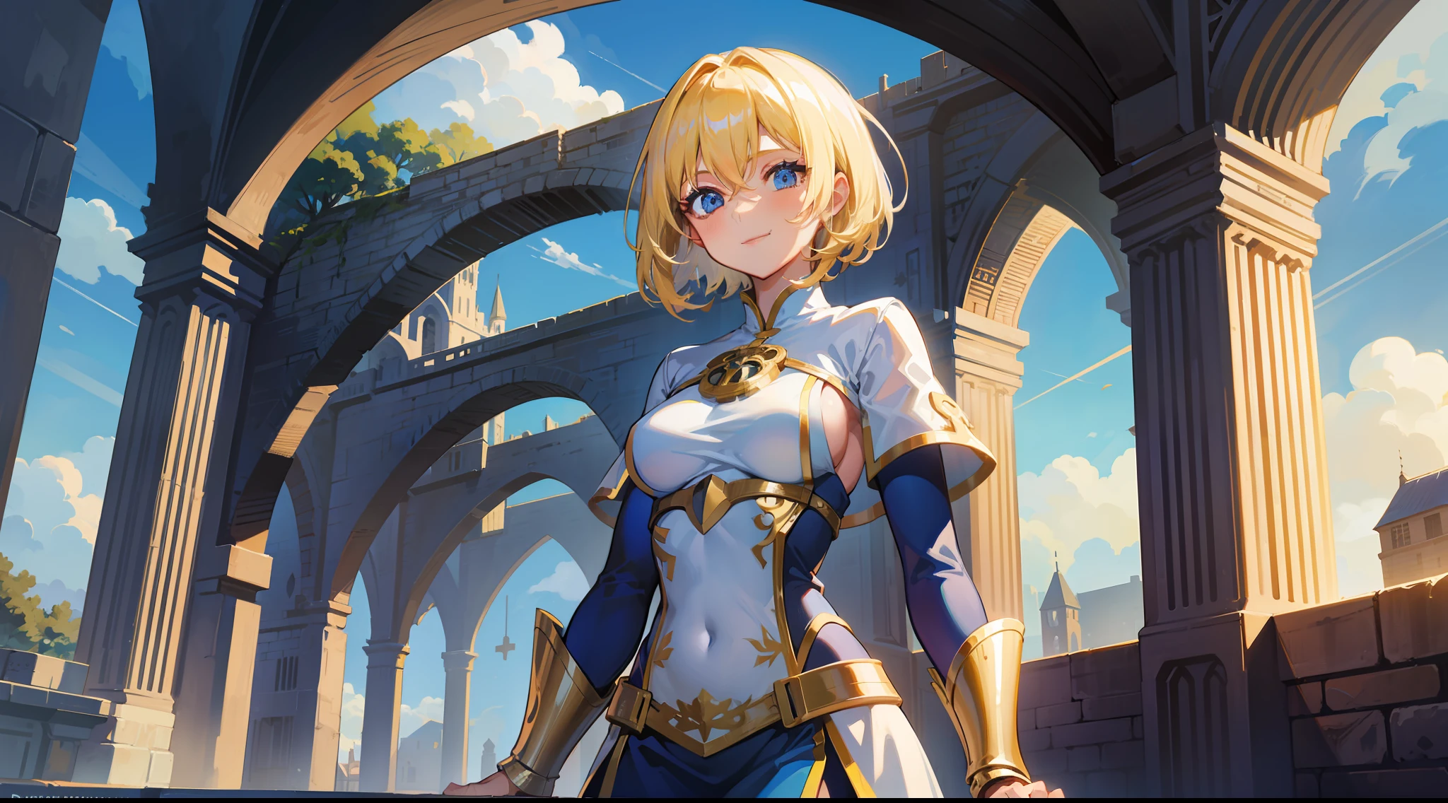 a girl, cleric, blonde, short hair, bright blue eyes, beautiful breasts, hair between eyes, bangs, full body, confident, heroic posture, smiling, fantasy, medieval, rays of sun, blue sky