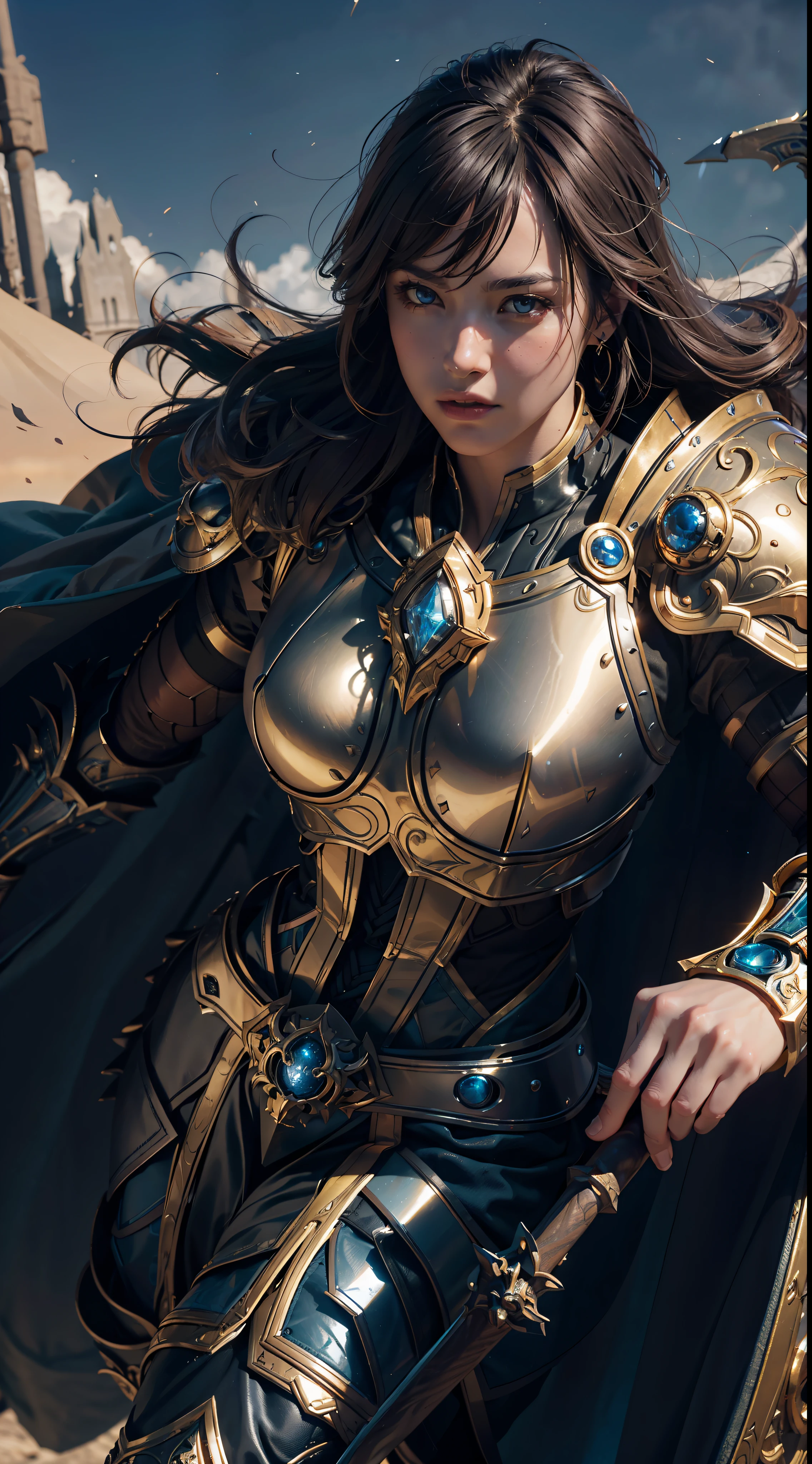 8k,ultra detailed, masterpiece, best quality, (extremely detailed), dynamic angle, Mysterious expression, wind effect, fantasy background, rim lighting, cinematic light, ultra high res, 8k uhd, film grain,best shadow, delicate, RAW, light particles, detailed skin texture, detailed armor texture, detailed face, intricate details, ultra detailed, bright, strong, golden armor, (holding hammer), smashing, smash action, pauldrons, glowing eyes, long cape, fantasy, (realistic), shoulder armor, complex, intricate, perfect lighting, looking at viewer, cinematic lighting, flying in sky,flying, holy light, vivid, bangs, windy