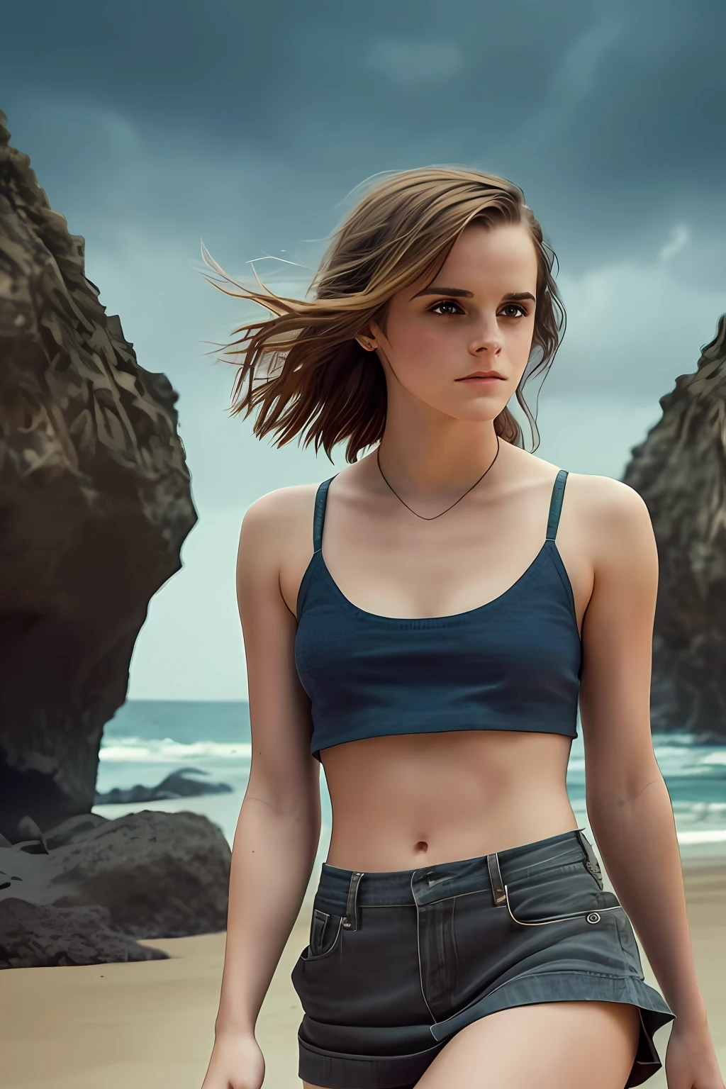 Emma Watson, "A towering slender woman in a cool and relaxed hippie style rocks a crop top and miniskirt. With her round breasts, she casually strolls across the secluded beach. She looks seductively into the camera. The lighting is dark, gloomy and realistic, creating a relaxed atmosphere. The perspective is from deep below, emphasizing the majestic woman