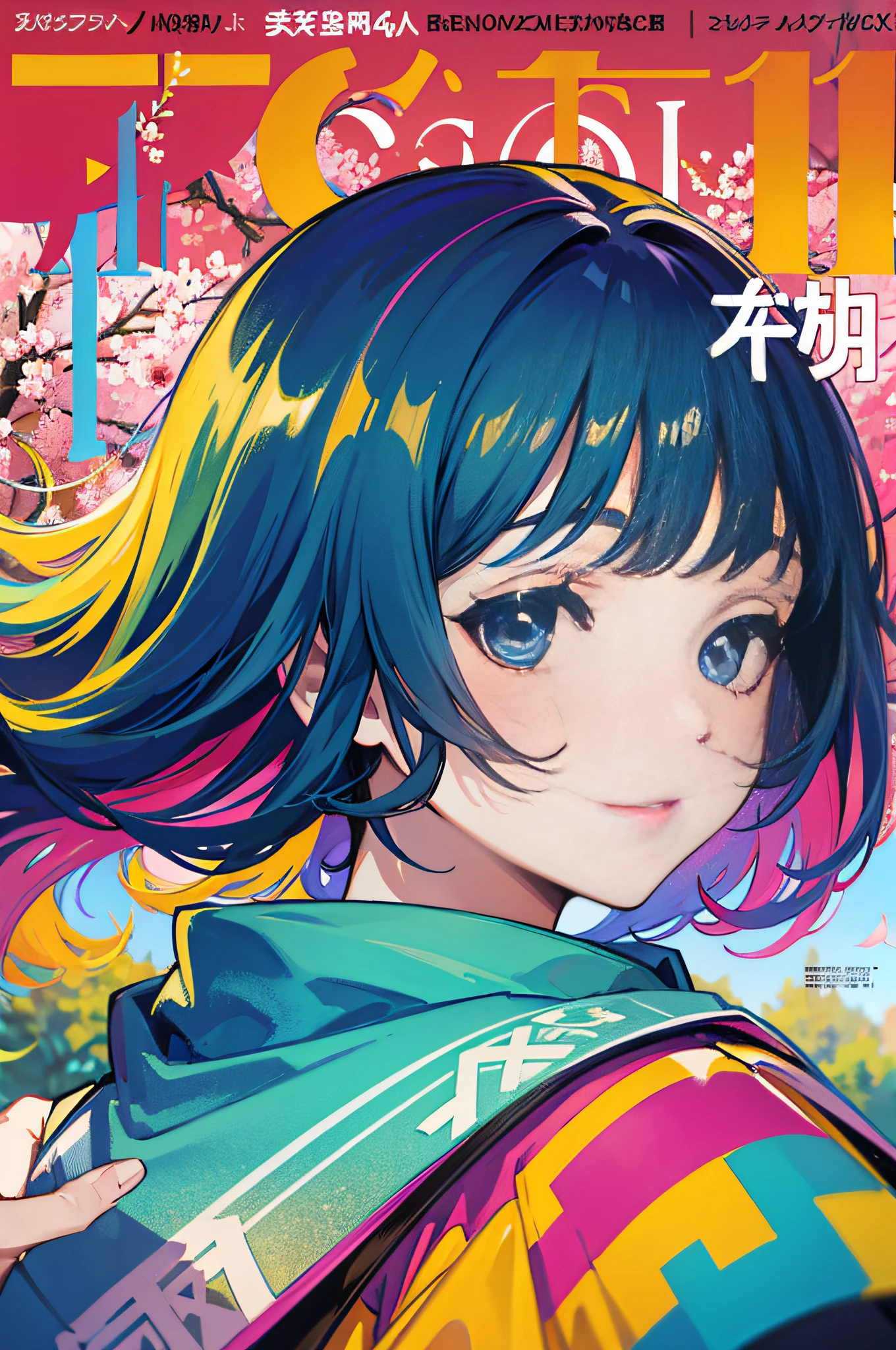 masterpiece, best quality, spring outfit, colorful hair, outdoor, magazine cover ,upper body,