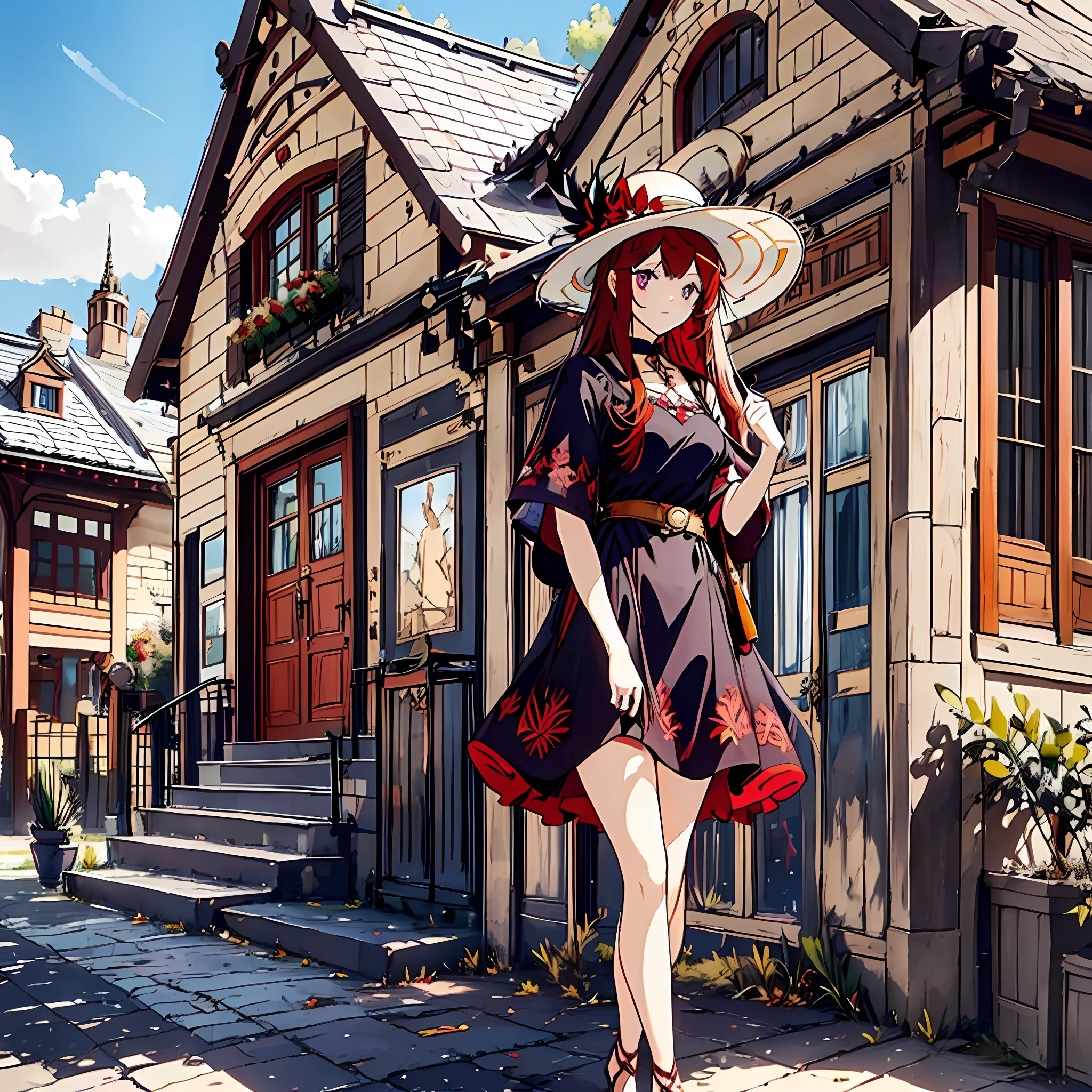 Red-haired female with purple eyes, feather tiara, sun hat, brown dress, black silk, red high heels, Western European rental house on background