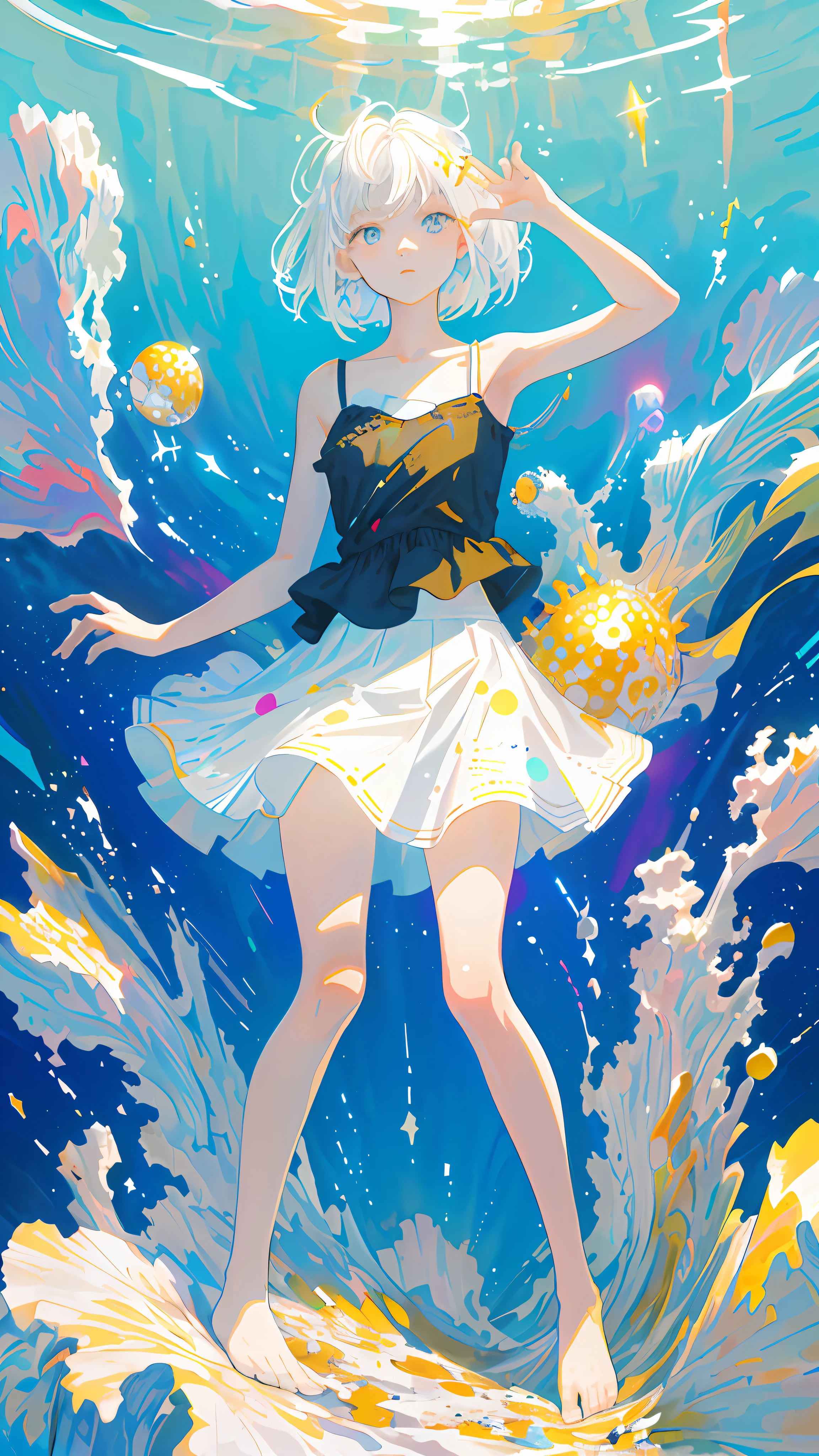 (Masterpiece, Best Quality: 1.2), (Super Detailed), (Illustration), Wallpaper, Original, 1girl, Messy White Hair, Thin Shoulder Straps, White Skirt, Bare Legs, Barefoot, Bare Arms, Space, Earth Background, Near-Earth Orbit, Full Body, (Surrounded by Colored Splashes and Dots), Colored Bubbles, (Shiny)