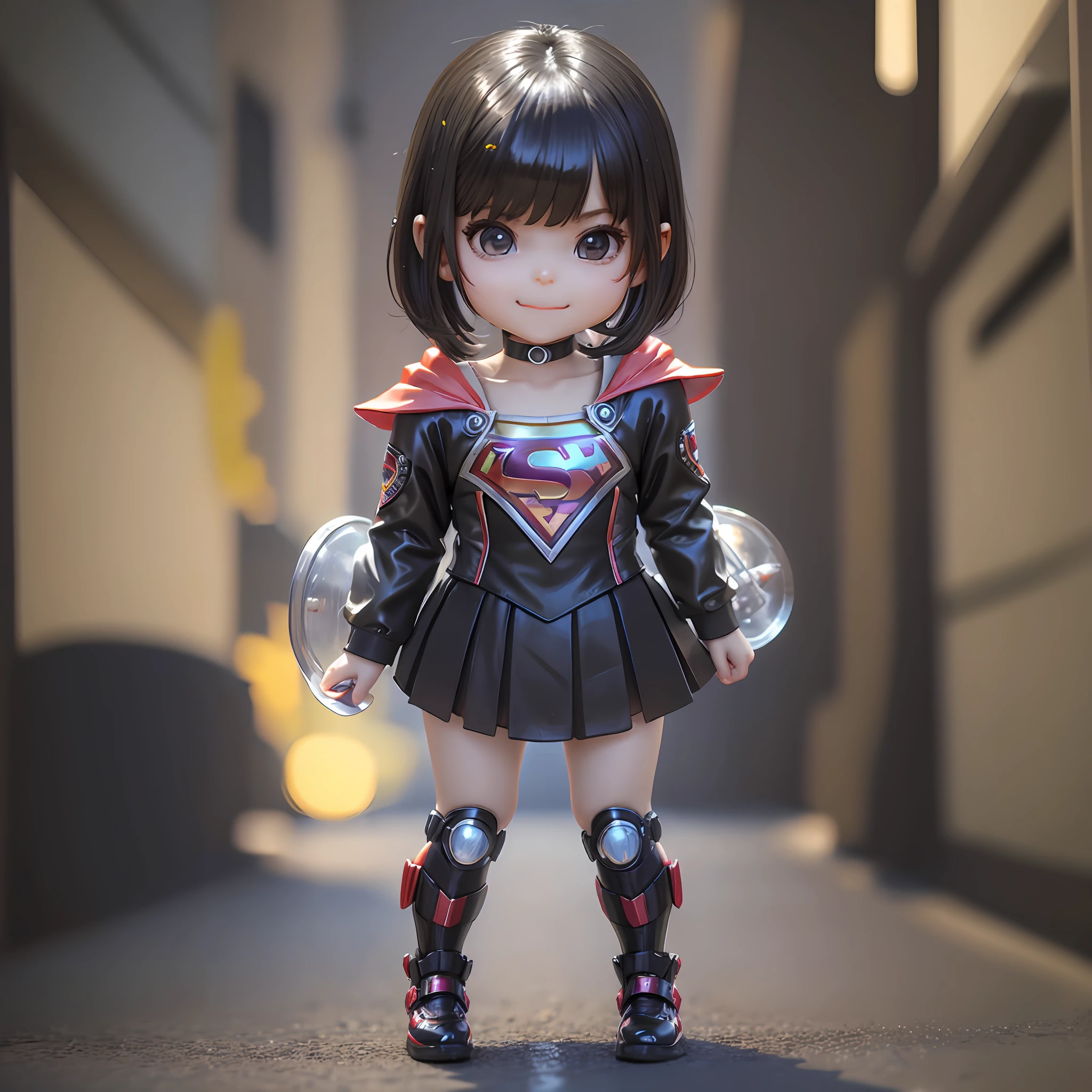  chibi supergirl character, realistic 3d short hair, black hair, long straight hair, happy face, shiny black eyes, full body she with ice cream cyberpunk style --auto --s2