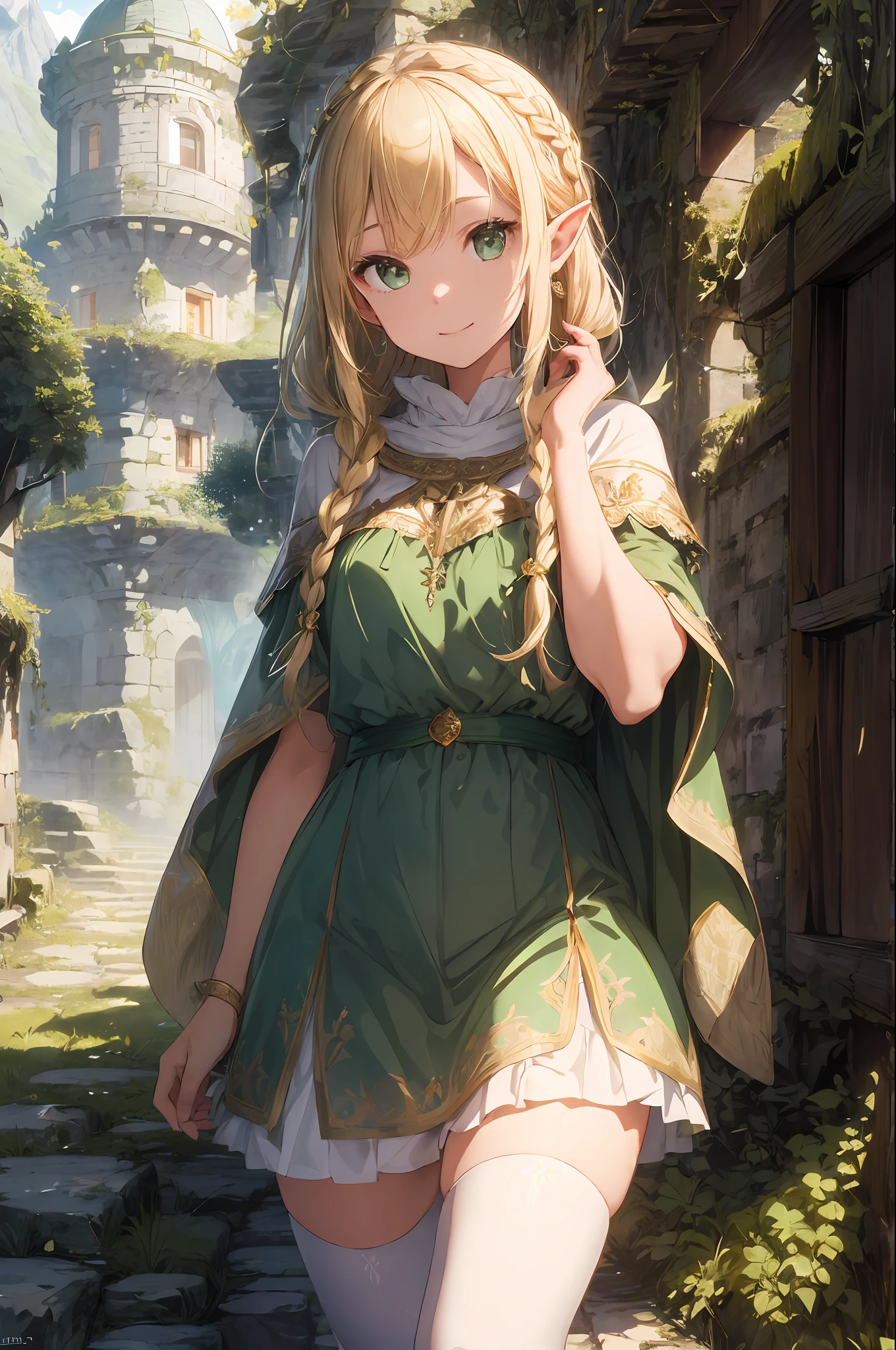 (((Masterpiece, Best Quality, High Definition, High Detail)))), ((Fantasy)), One, (Elf Queen)))), (White Short Skirt with Gold Embroidery), (Blonde Long Braid Hair), (Glossy Dark Green Big Eyes), Thick Cloak, (Green Circet with Gold Embroidery), Big, Smile, (((Old Castle in the Lush Mountains))), ((Walking through Ancient Ruins)), (Overgrown Ivy) , (solemn morning sun), breeze, a lot of grains of light flying, face forcus