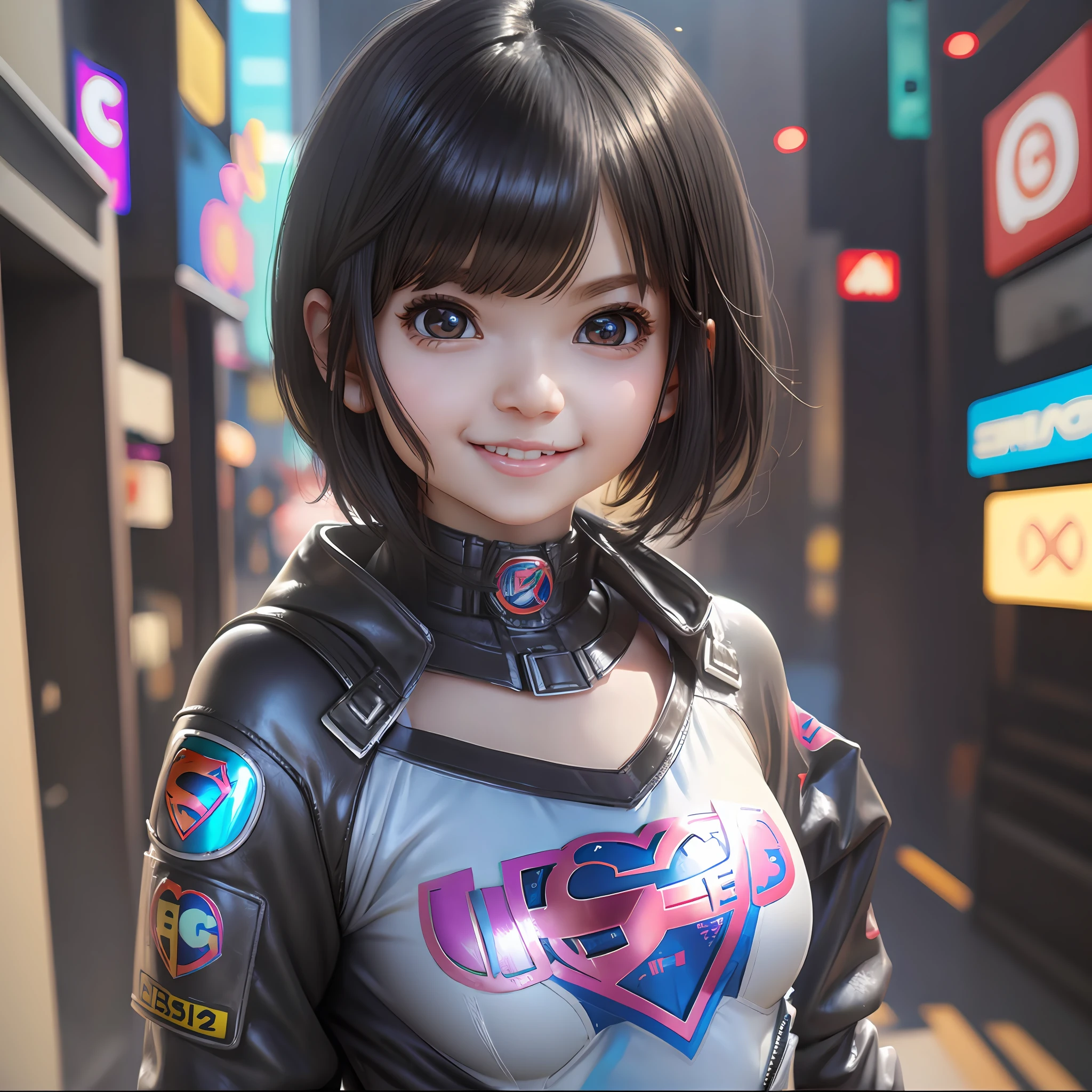 baby chibi supergirl character, realistic 3d short hair, black hair, long straight hair, happy face, shiny black eyes, full body she with ice cream cyberpunk style --auto --s2